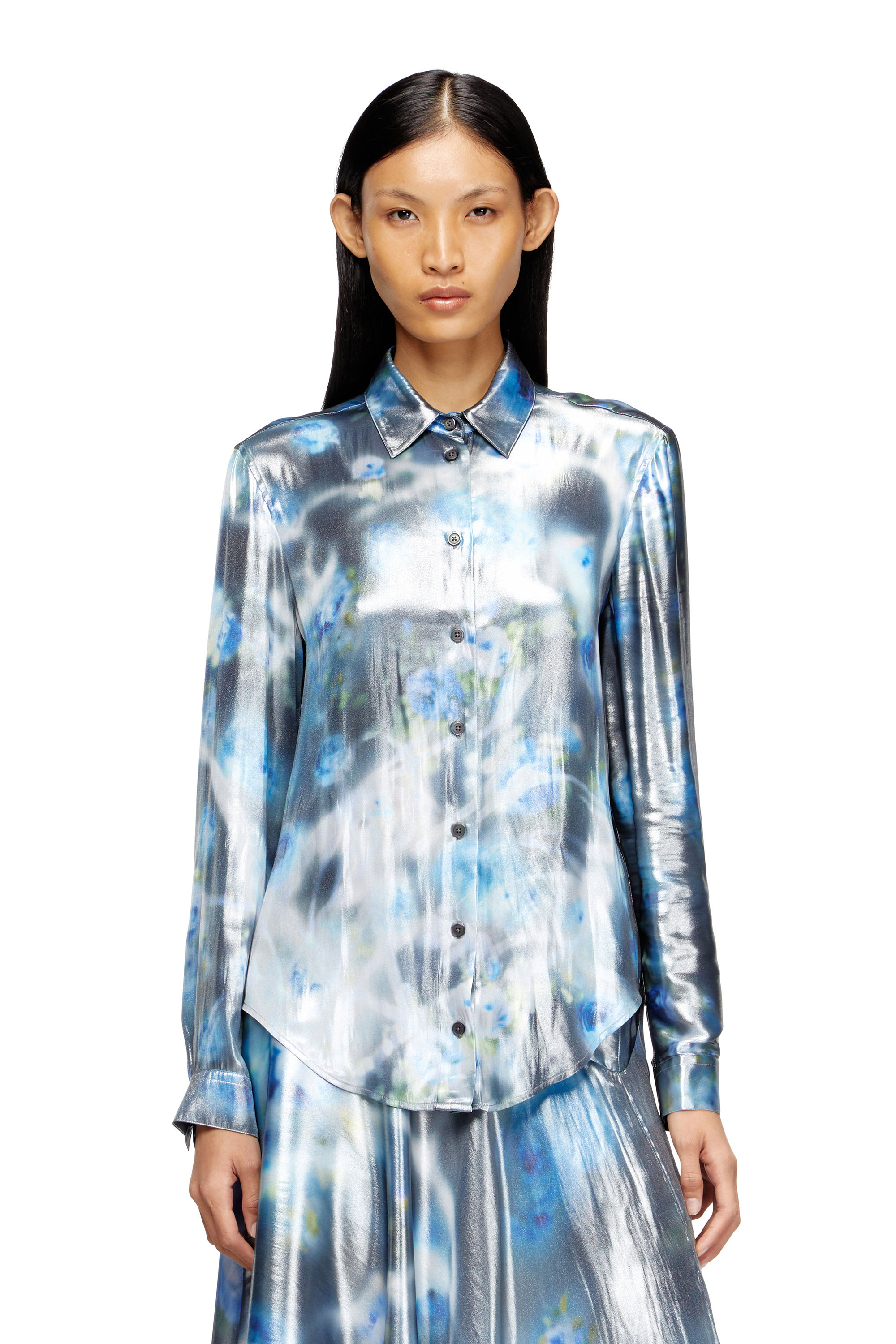 Diesel - C-RONOR-S2, Chemise métallique avec imprimé de roses floues Femme in Bleu - 1