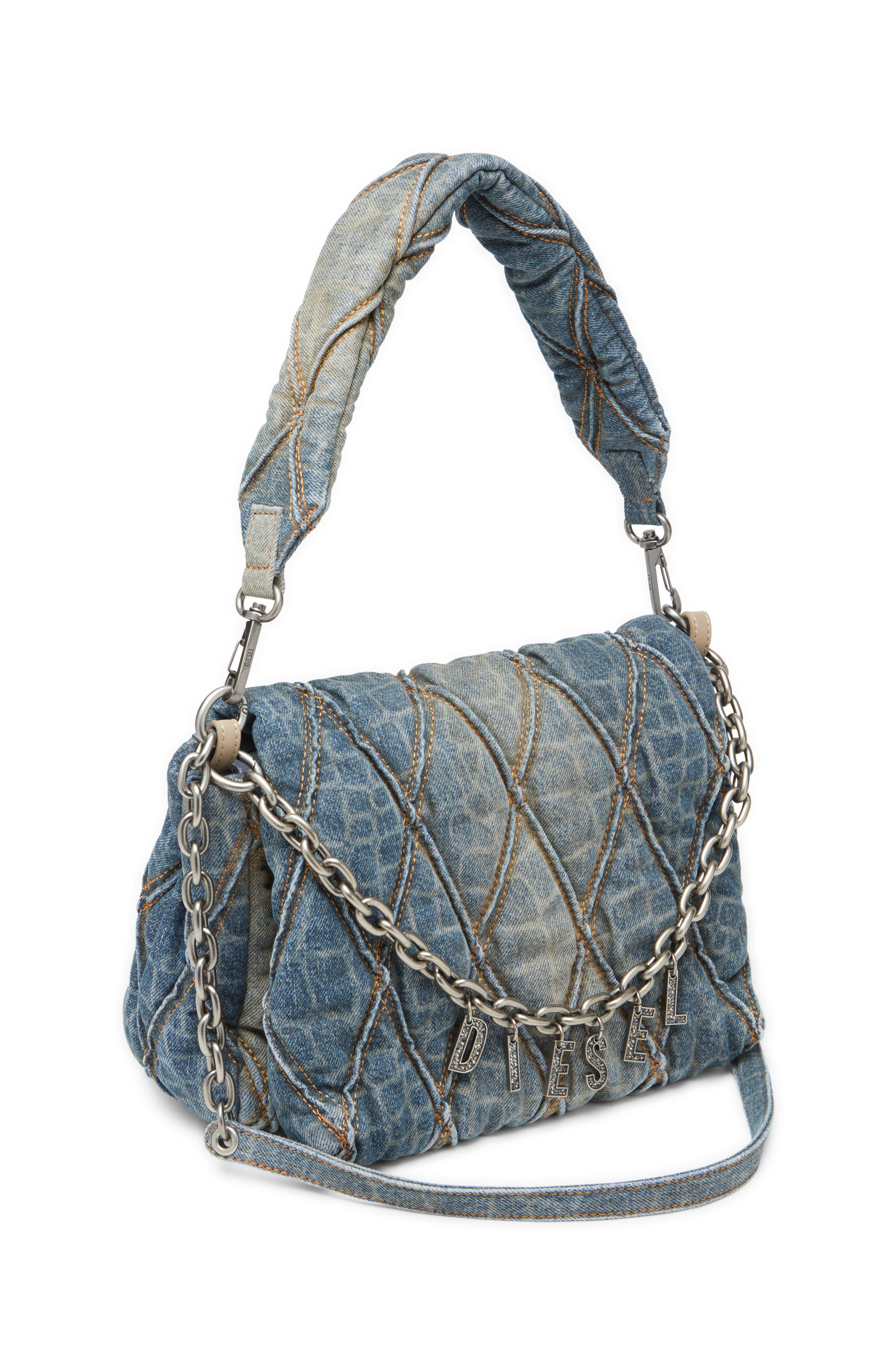 Diesel - CNY CHARM-D SHOULDER M, Sac à bandoulière en denim matelassé avec imprimé serpent Femme in Bleu - 5