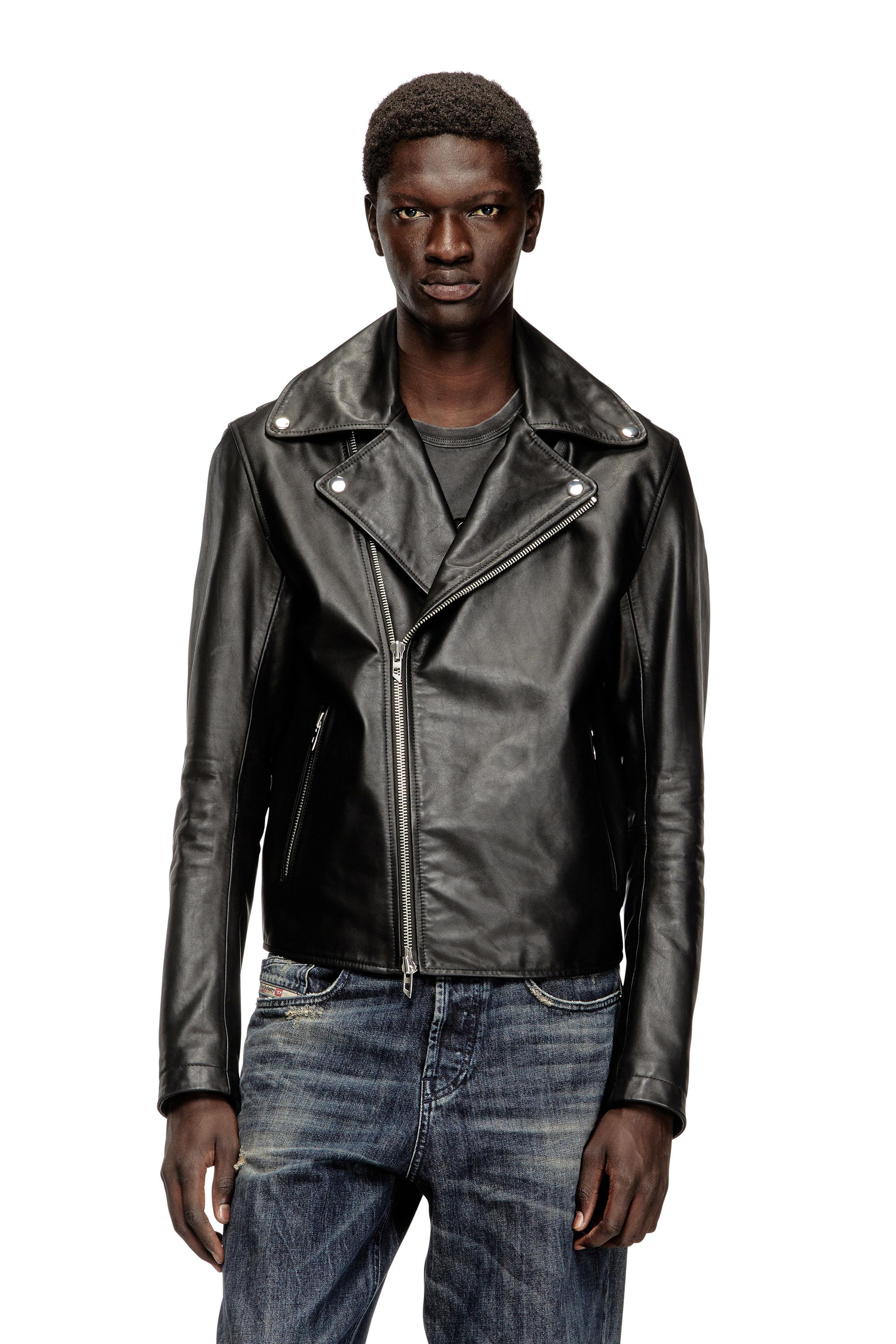 Diesel - L-EO-WRD, Veste de motard en cuir ciré Homme in Noir - 1