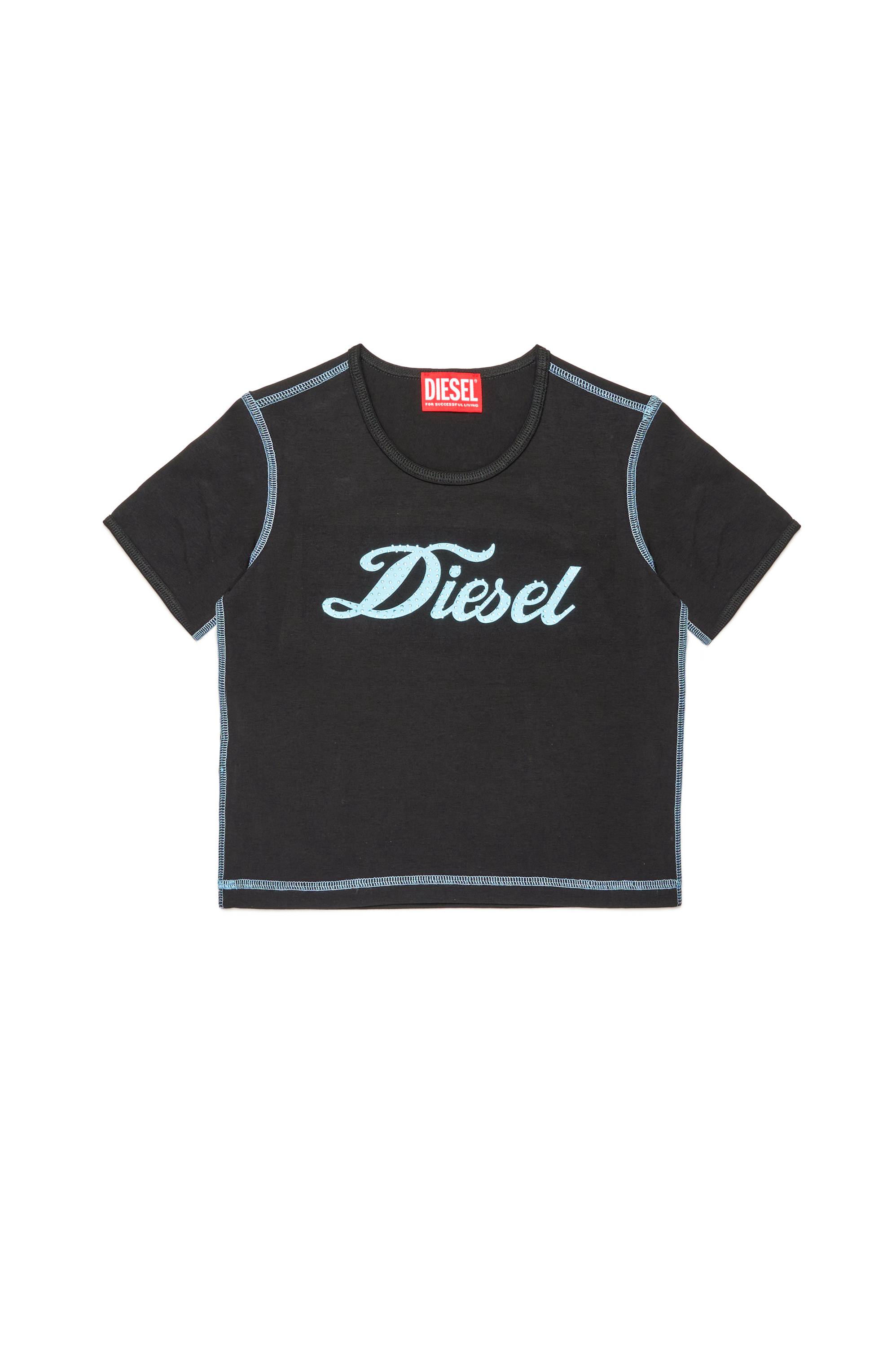 Diesel - TUNCUTIELONGL3, Femme T-shirt avec logo imprimé et cristal in Noir - Image 1