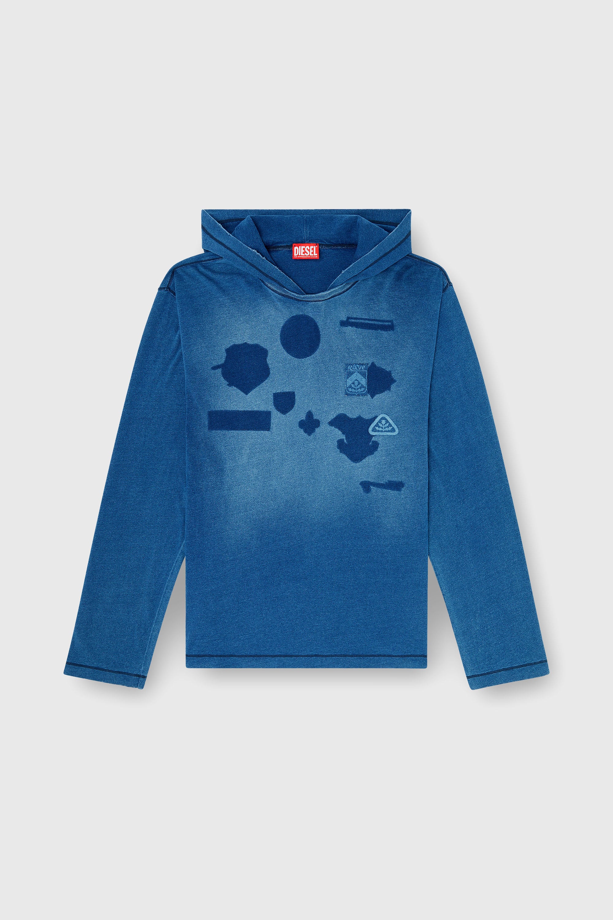 Diesel - T-NOX-LS-HOOD, T-shirt &agrave; capuche manches longues avec patchs effet ombre Homme in Bleu - 2