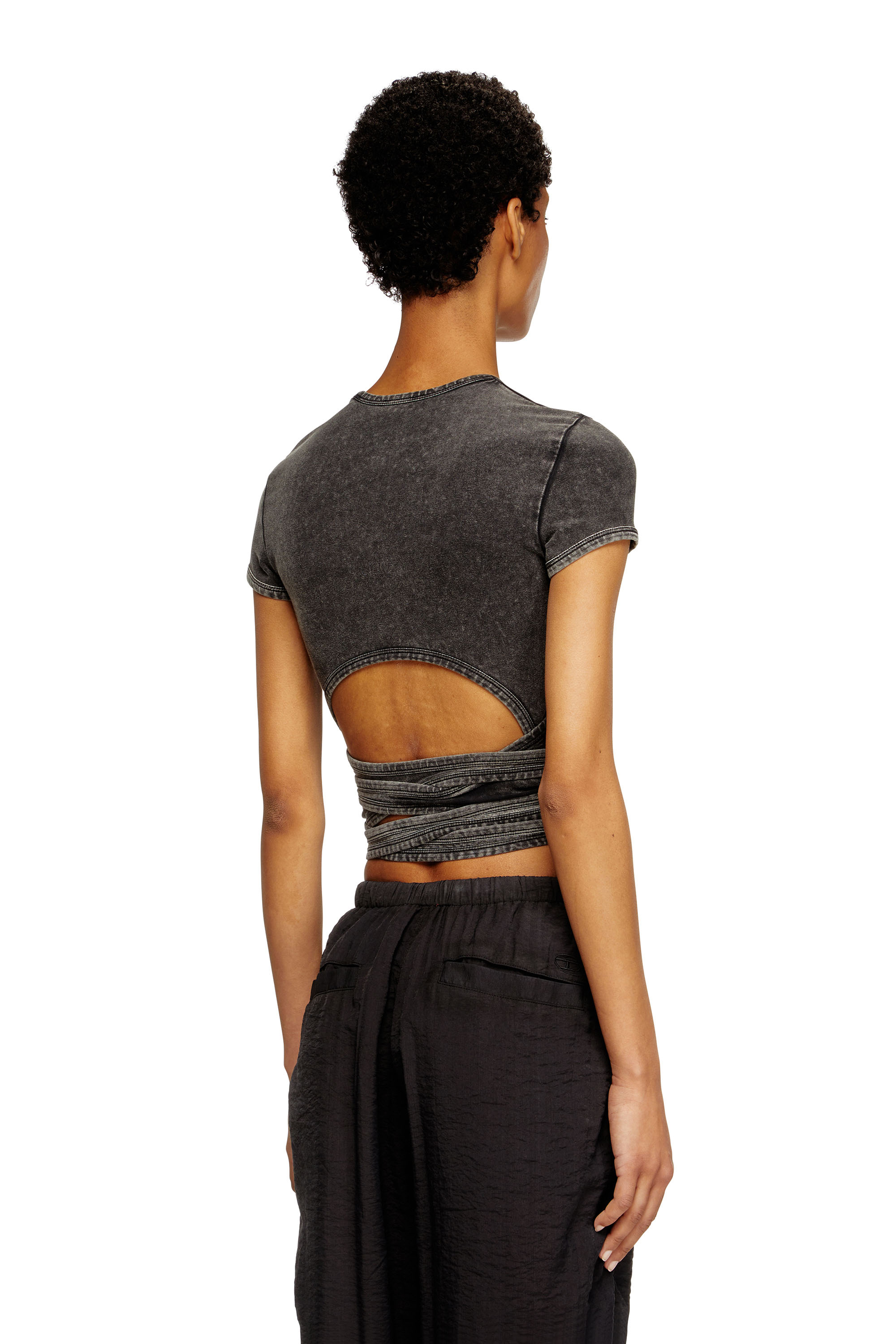 T-BUNNY-TAIL-R1, Noir Diesel - T-BUNNY-TAIL-R1, T-shirt effet denim avec lanières croisées Femme in Noir - 4