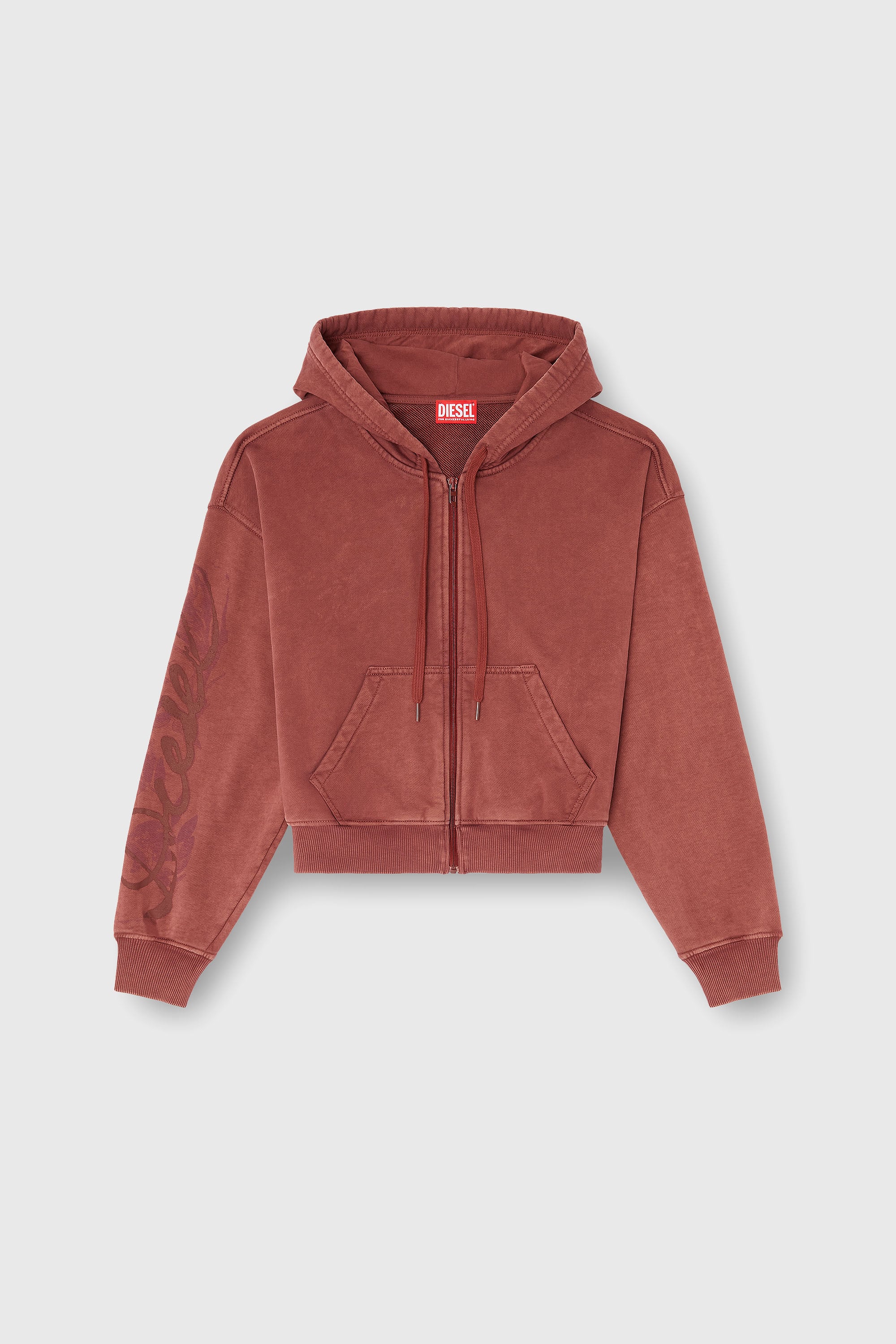 Diesel - F-ELYCY, Sweat &agrave; capuche zipp&eacute; avec logo floral en relief Femme in Rouge - 2