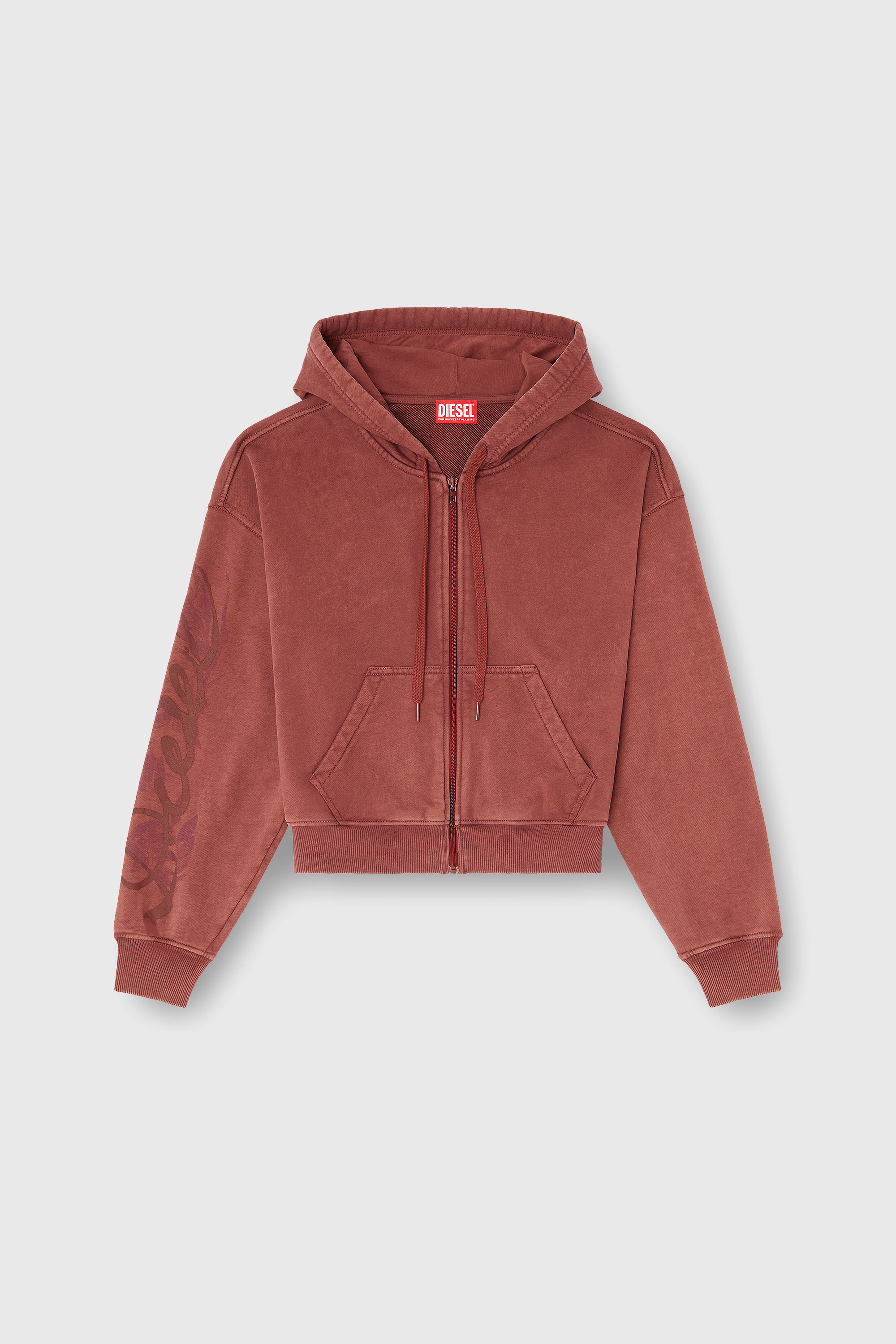 Diesel - F-ELYCY, Sweat &agrave; capuche zipp&eacute; avec logo floral en relief Femme in Rouge - 2