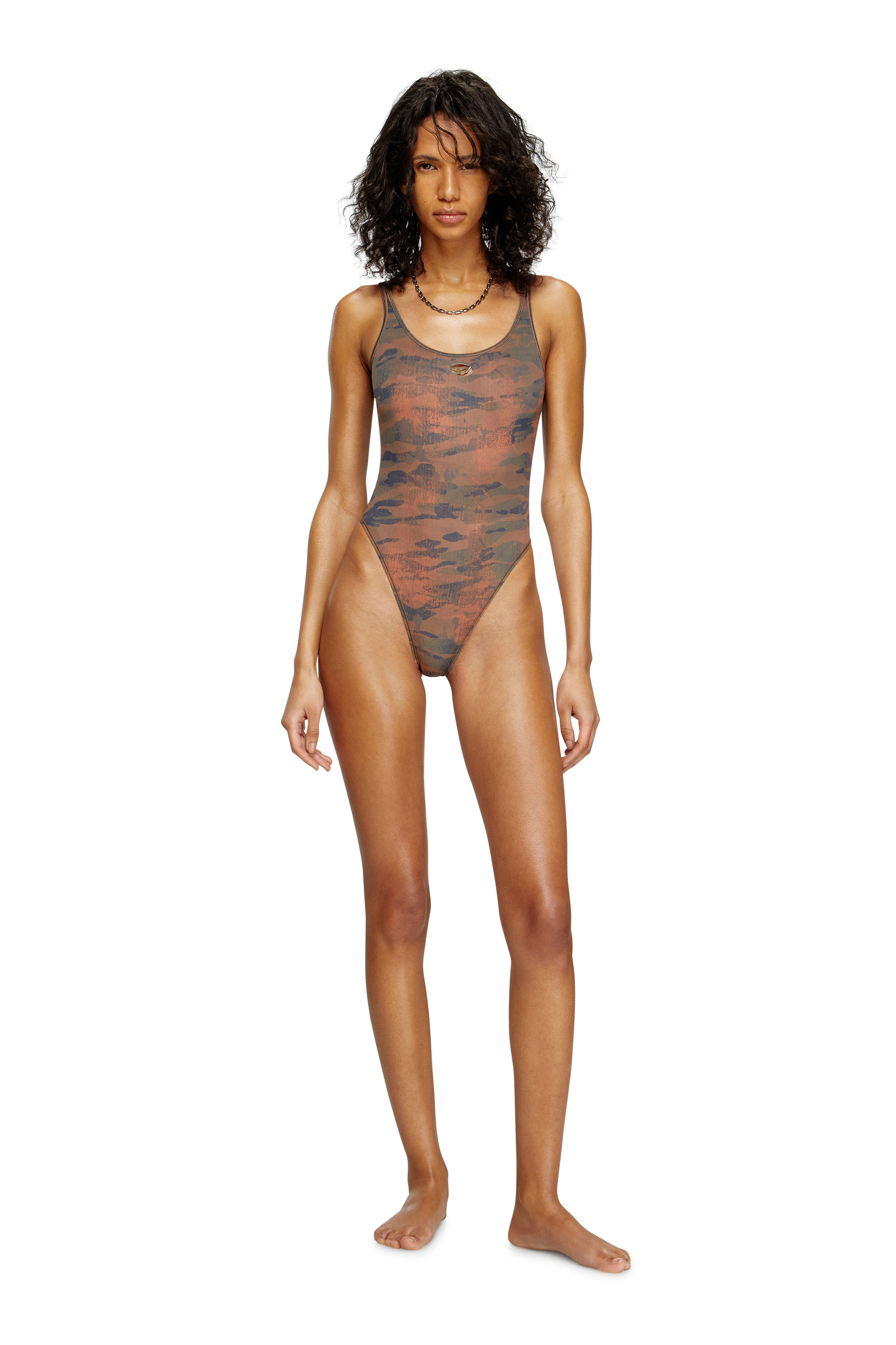 Diesel - UT-BODY-UTLT, Maillot de bain camouflage avec logo ajouré Femme in Marron - 2