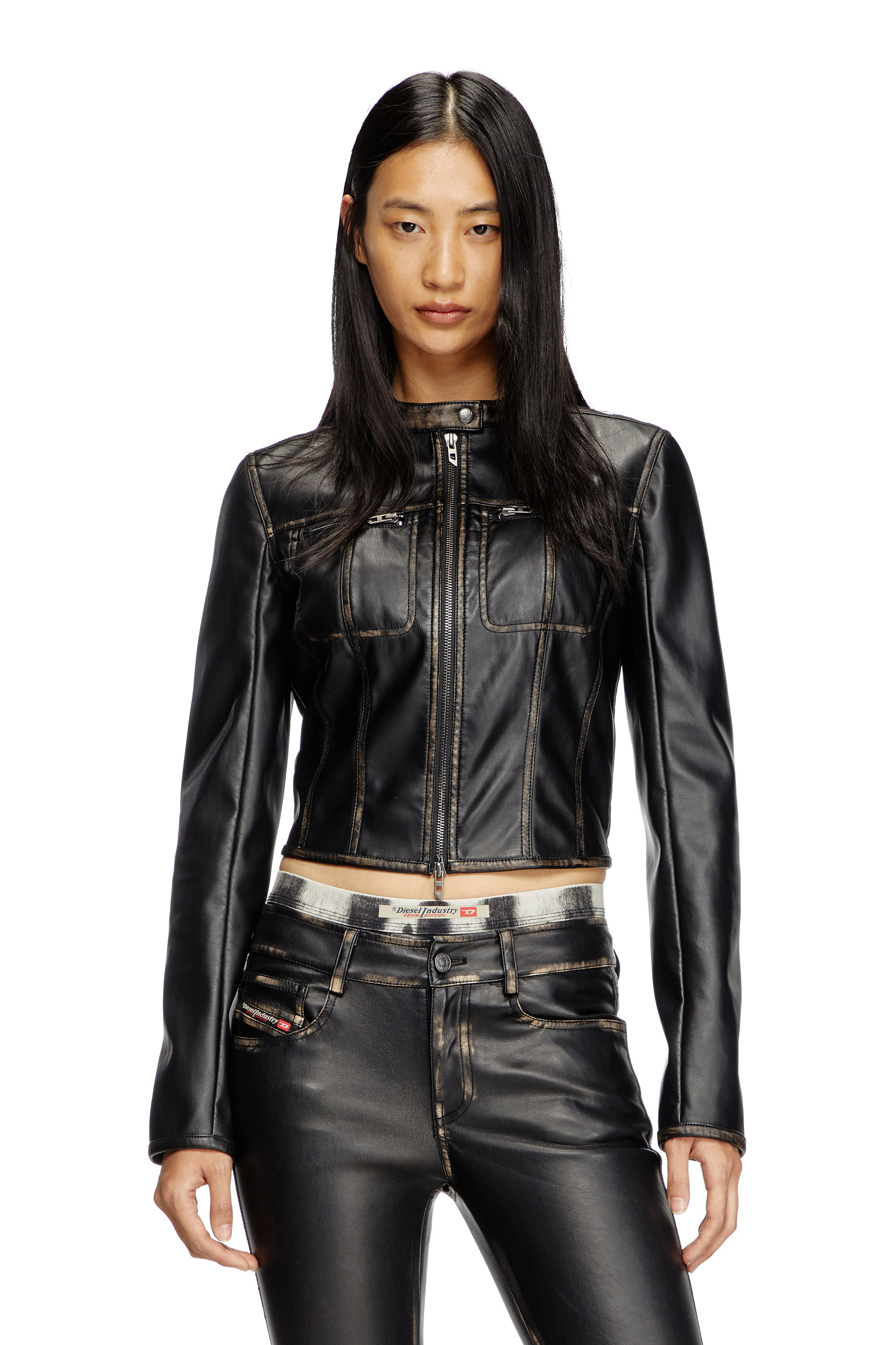 Diesel - G-LOBE, Veste biker crop effet vieilli Femme in Noir - 1