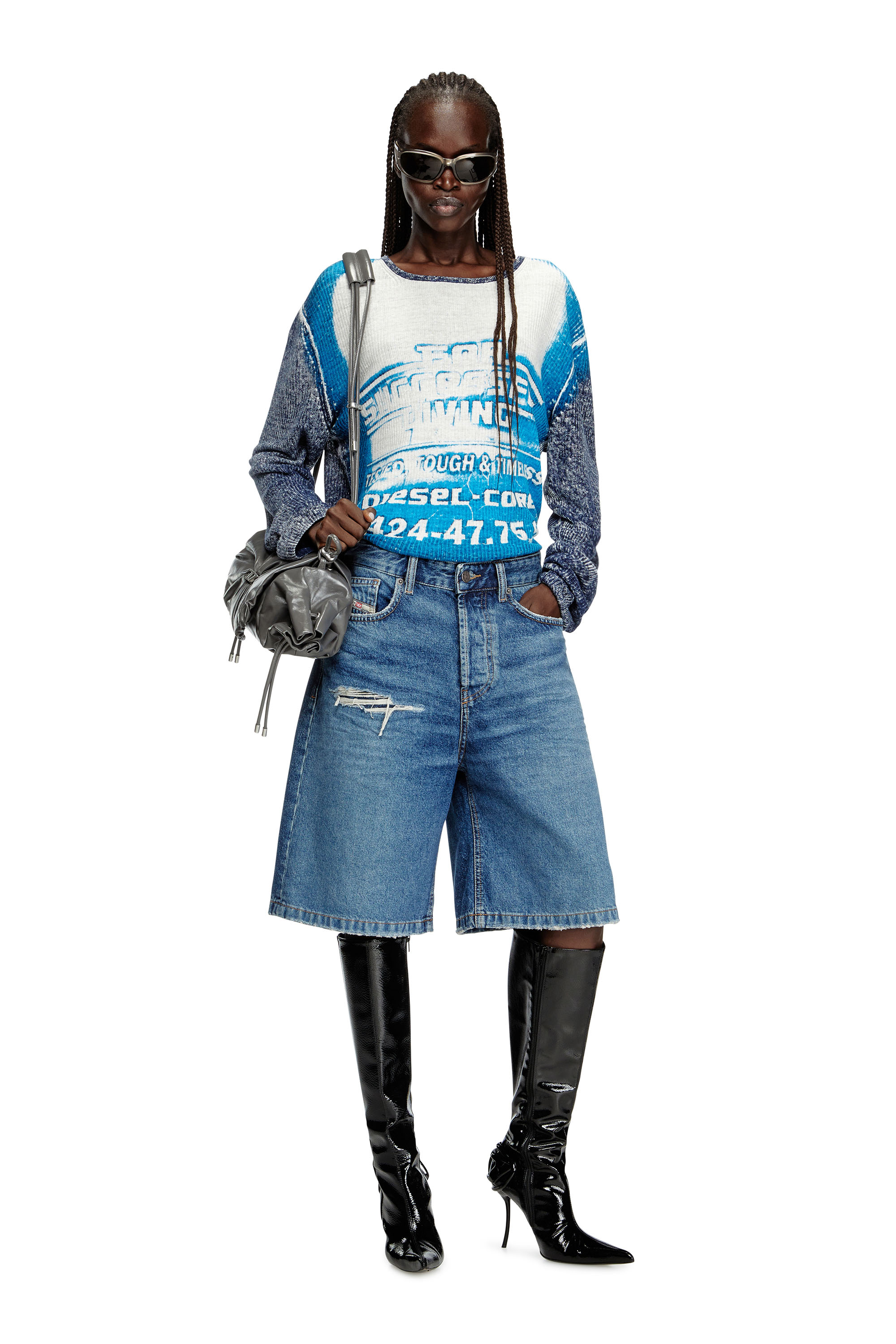 Diesel - DE-SIRE-SHORT, Short en denim avec des d&eacute;tails d&eacute;chir&eacute;s Femme in Bleu - 1