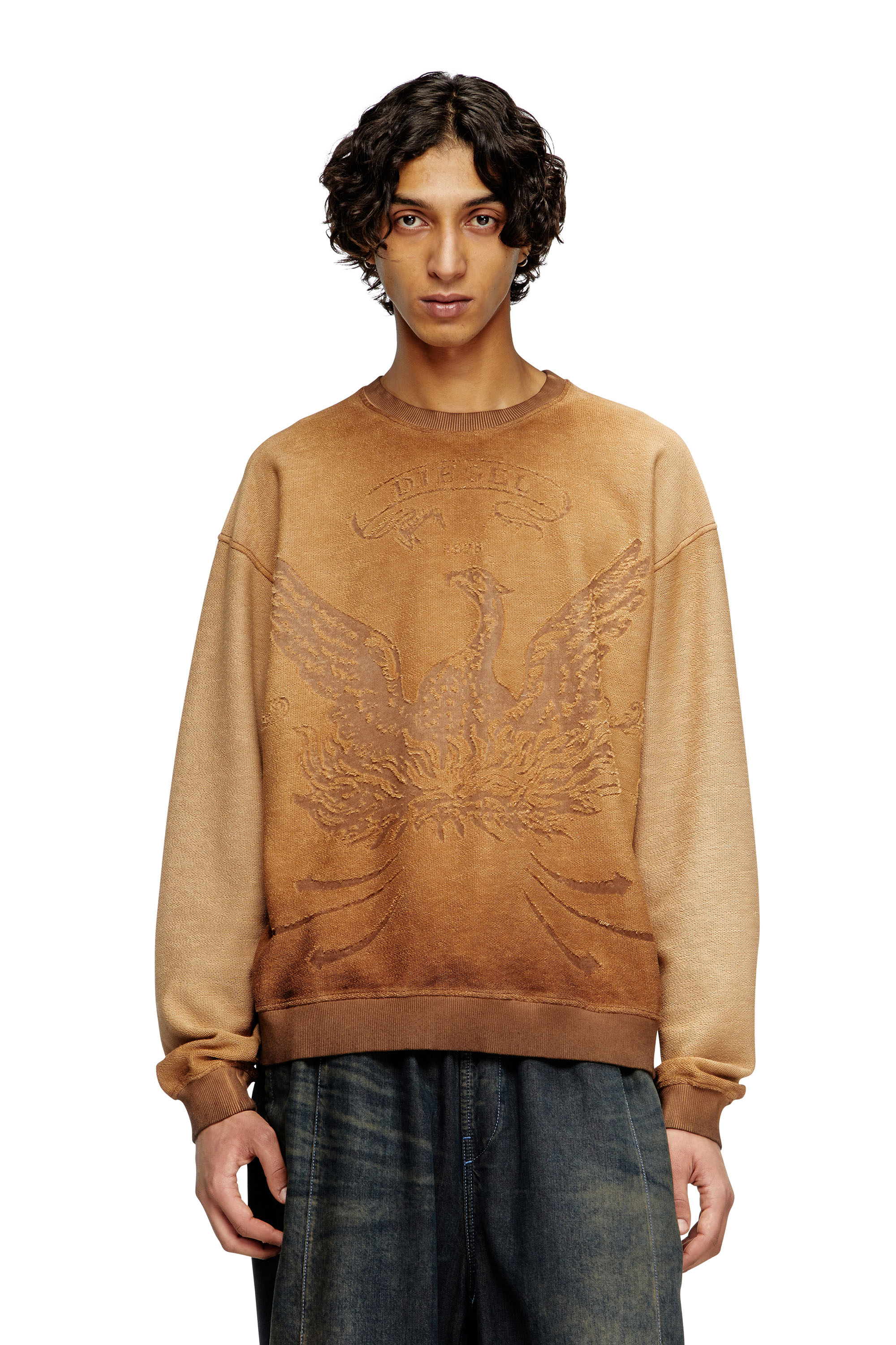 Diesel - S-ARON, Sweat-shirt délavé avec logo du phénix en dévoré Homme in Marron - 1