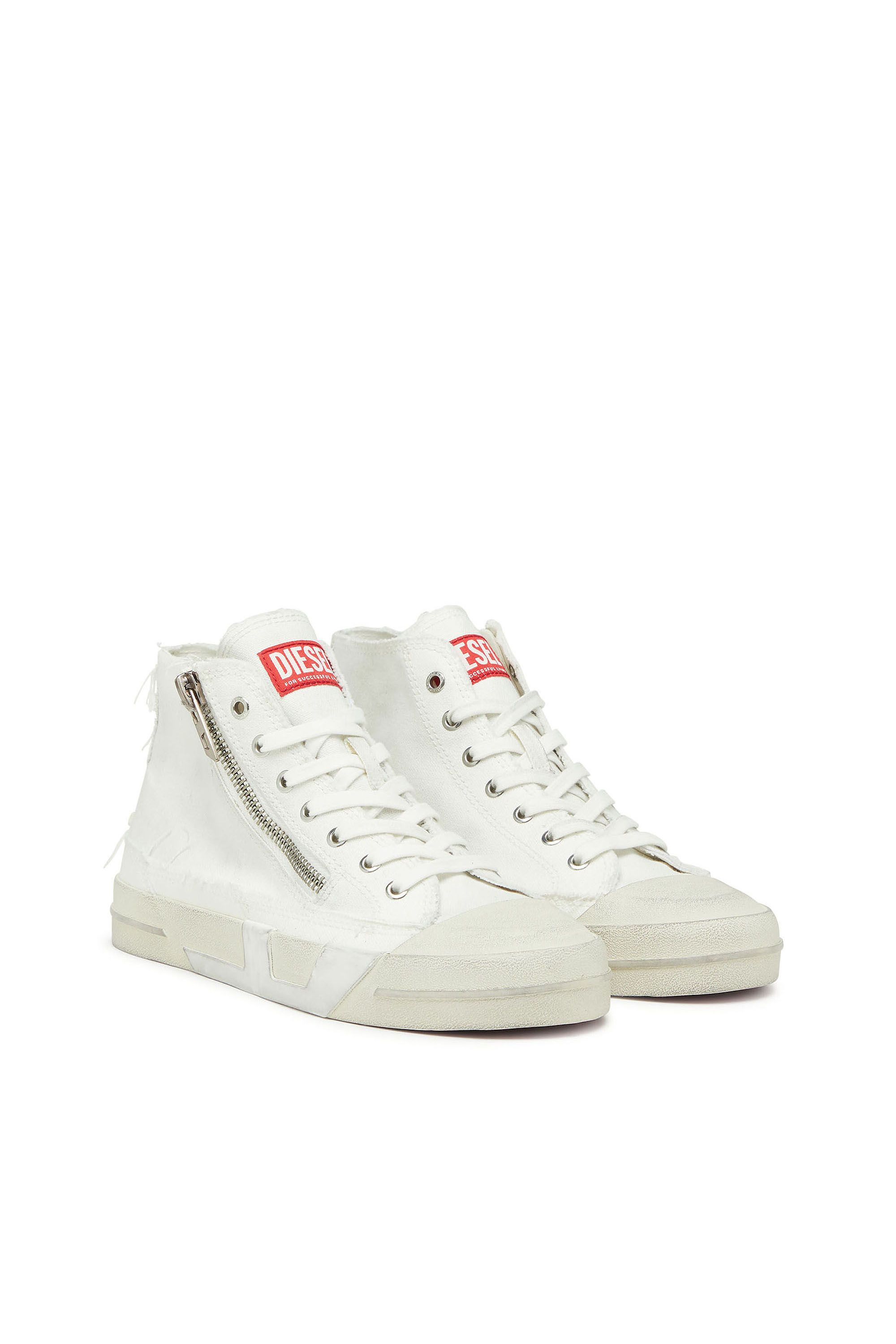 Diesel - S-D-VERSE ZIP MID II, S-D-Verse - Baskets en toile effiloch&eacute;e avec logo D Homme in Blanc - 2
