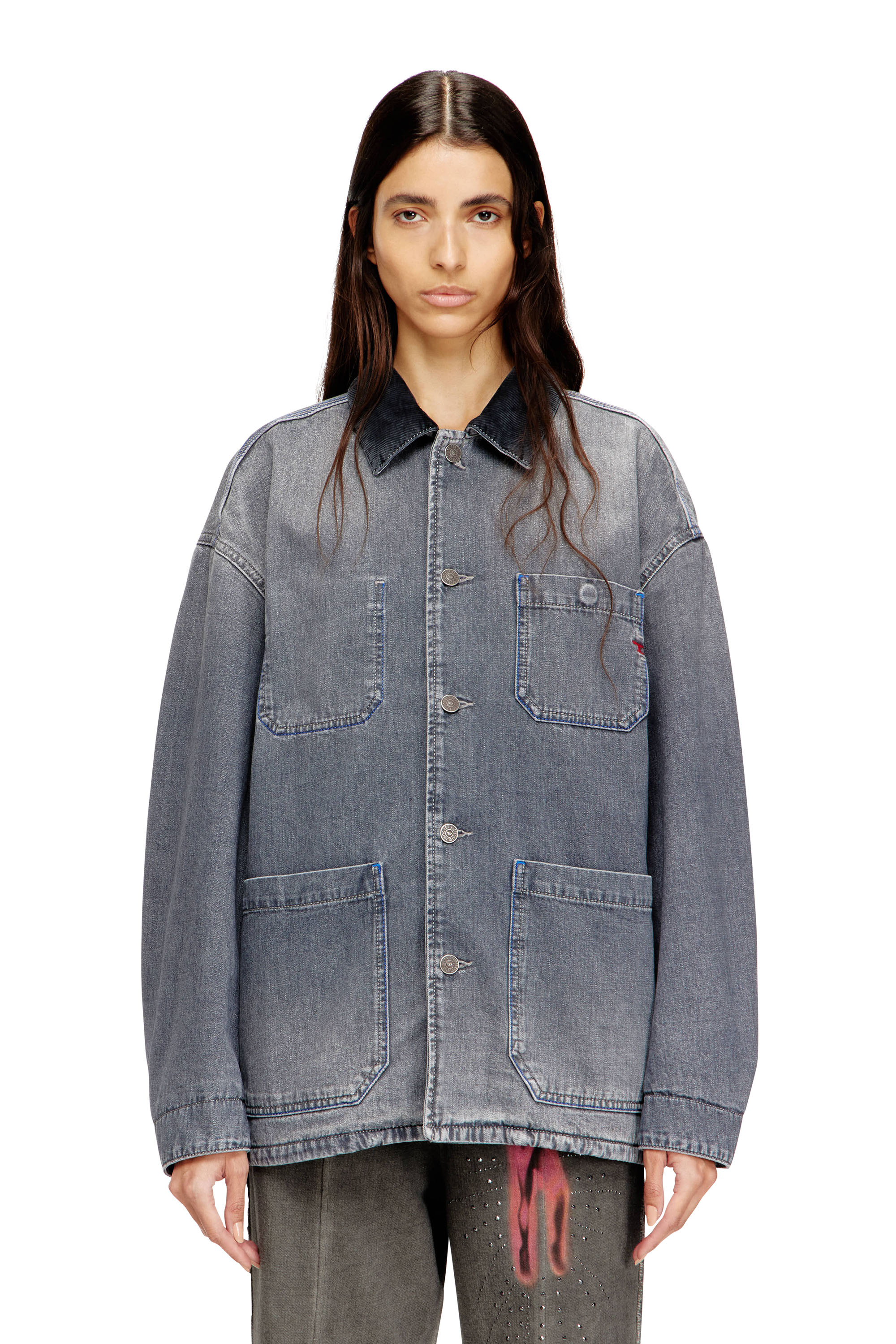 Diesel - D-STACK-U-L, Veste en jean style utilitaire avec col contrastant Mixte in Gris - 1