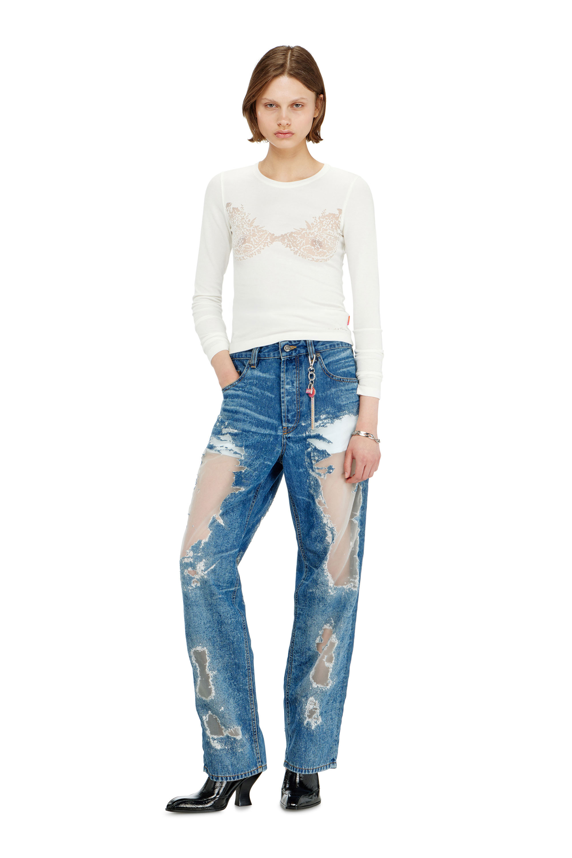 Diesel - PR-T-MOKKI-LS-R, Top avec effet dentelle devor&eacute; Femme in Blanc - 2
