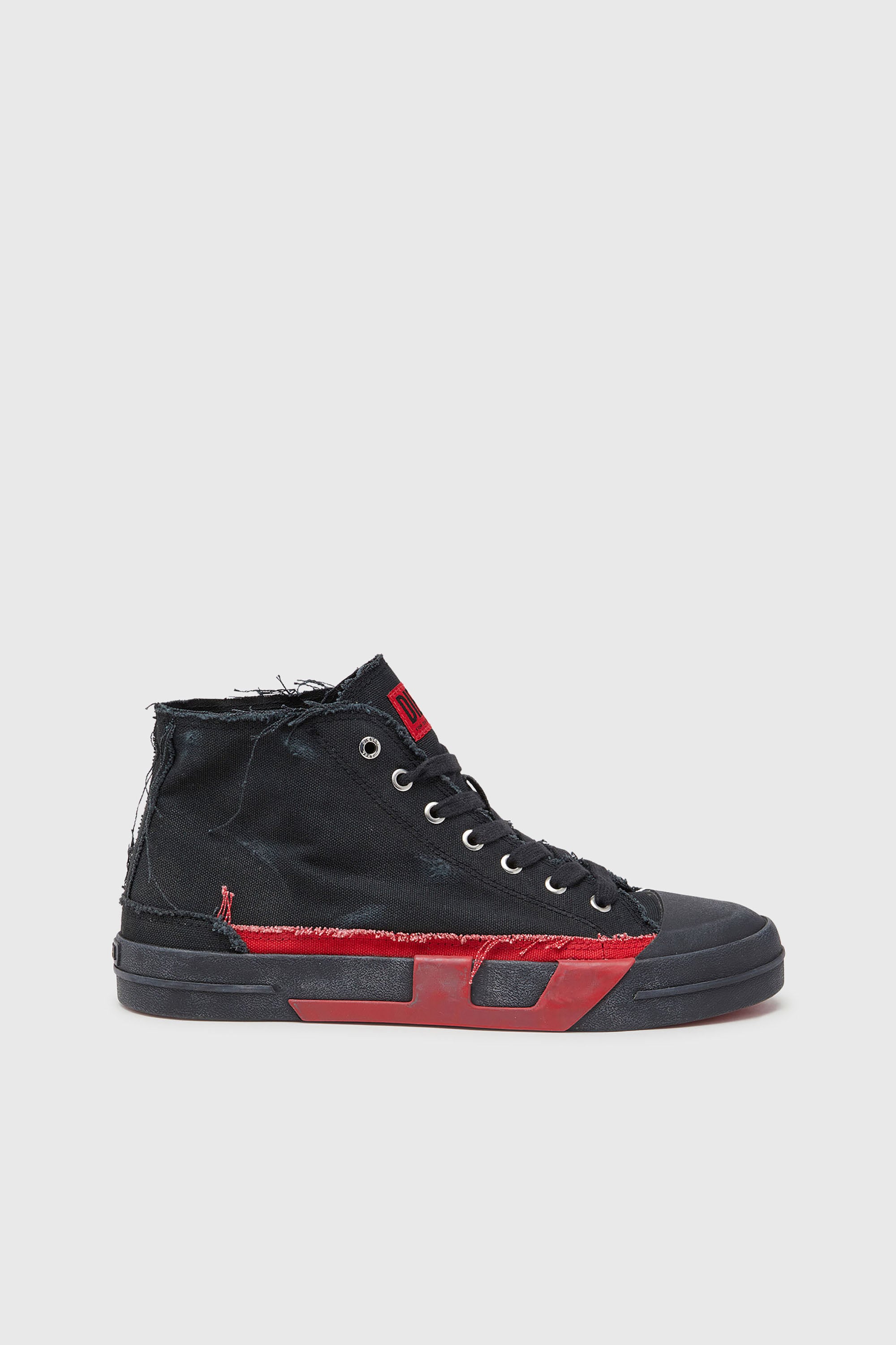 Diesel - S-D-VERSE MID II, Man's S-D-Verse-Distressed high-top sneakers in canvas in Black/Red - 1