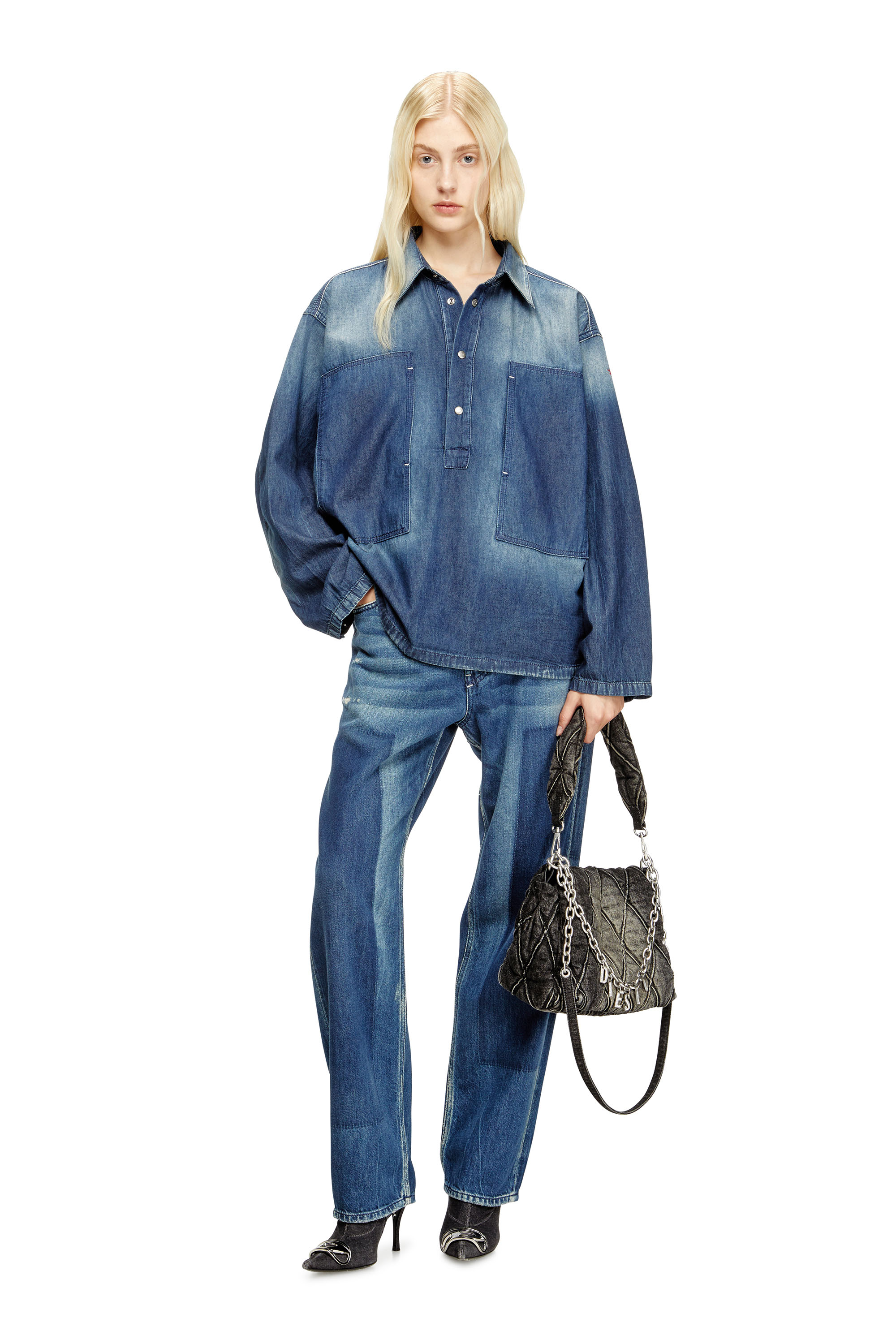 Diesel - DE-PRISS, Haut Henley en denim à effet contrasté Femme in Bleu - 2