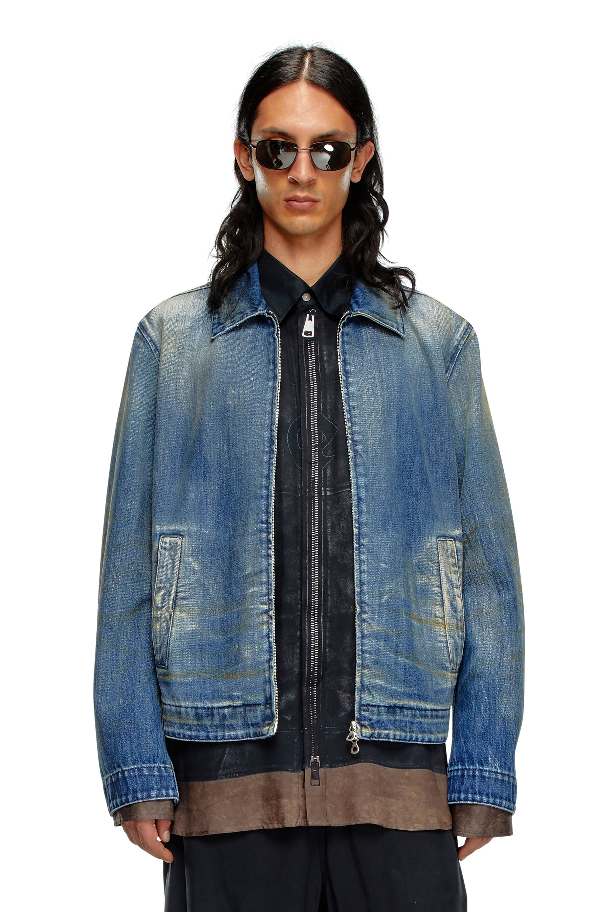 Diesel - D-ROHE, Veste blouson en denim avec délavage effet sali Homme in Bleu - 1