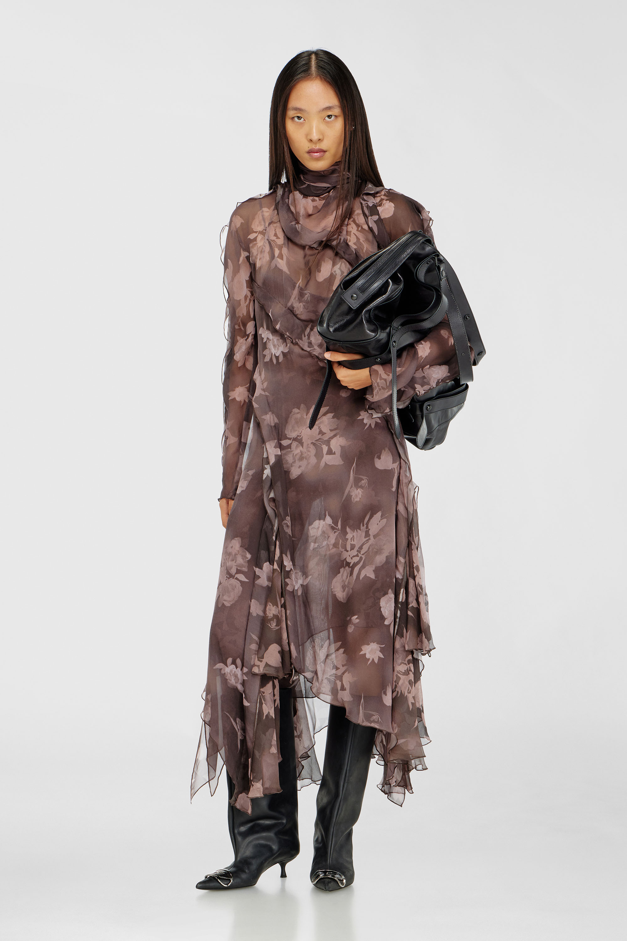 Diesel - D-RIADI, Robe midi asym&eacute;trique en chiffon et cr&ecirc;pe de soie Femme in Marron - 2