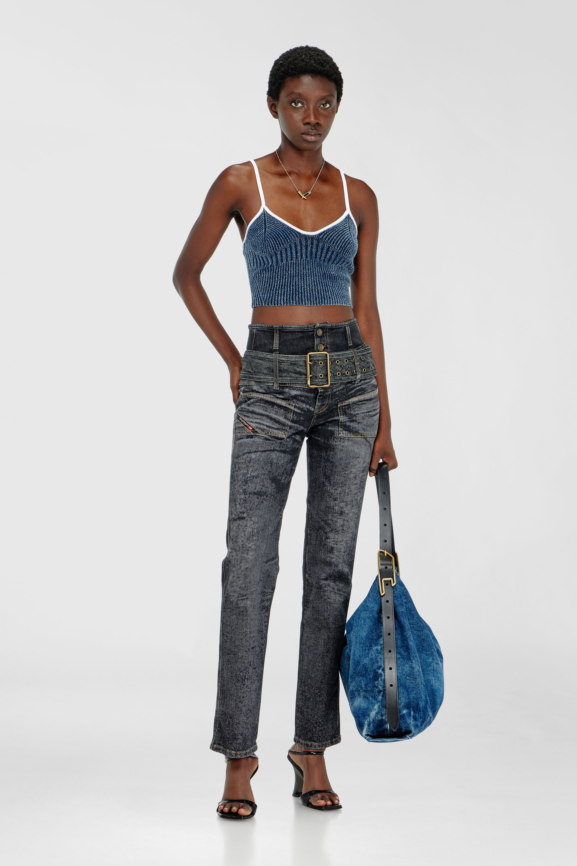 Diesel - M-ESTERE, Crop top en maille c&ocirc;tel&eacute;e indigo boucl&eacute; Femme in Polychrome - 1