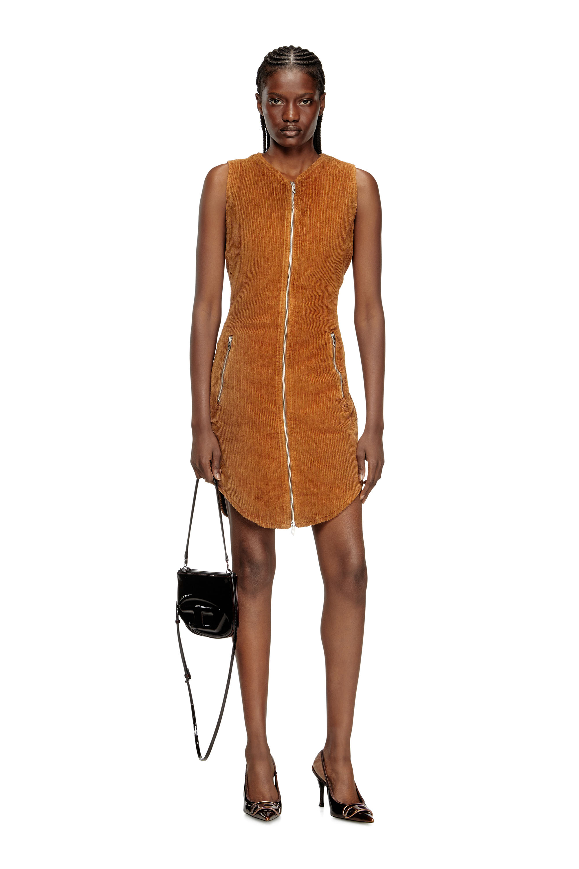 Diesel - D-ENEA, Mini robe en coton avec fermeture éclair à l'avant Femme in Marron - 1