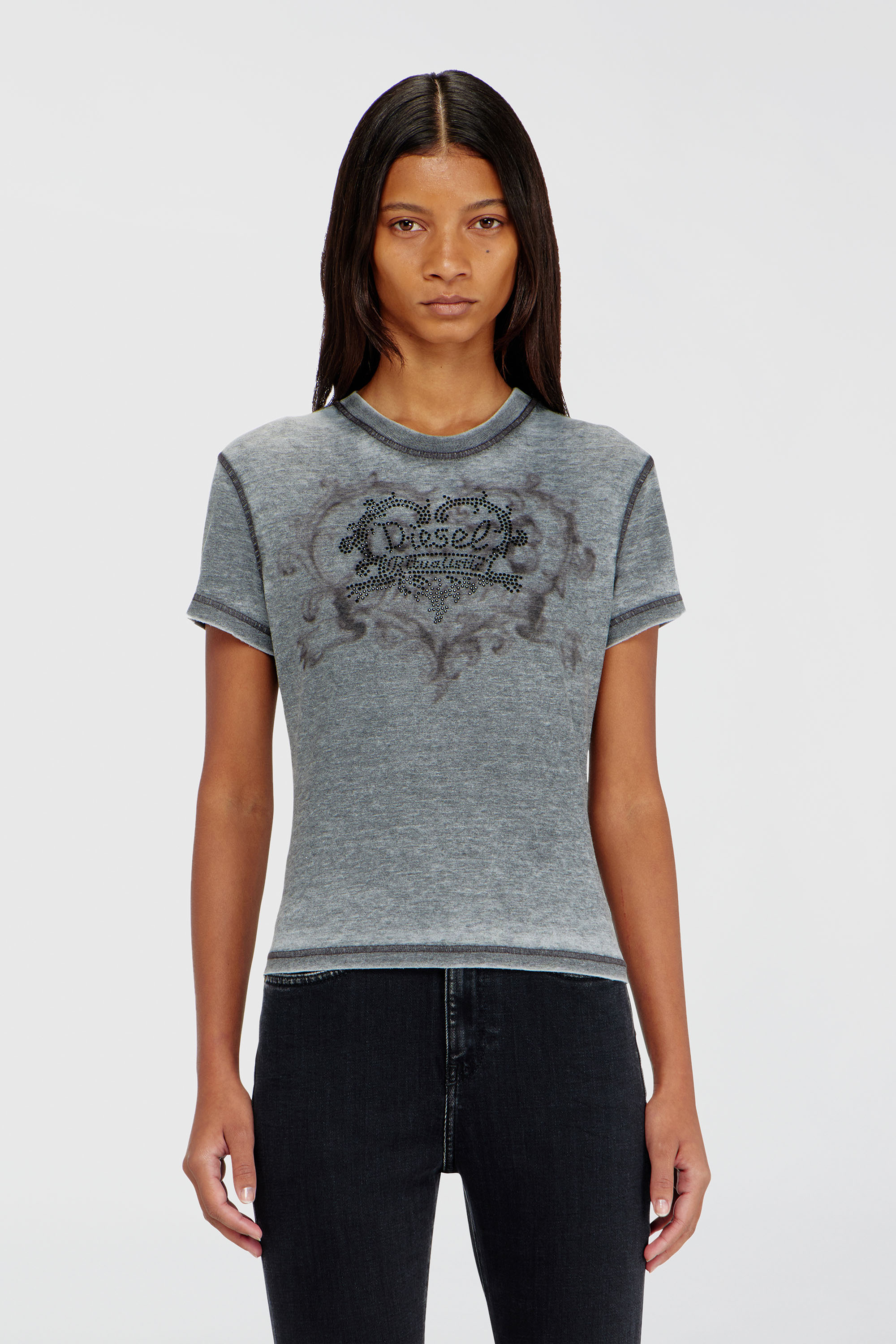 Diesel - T-ILA-AA1, T-shirt en jersey avec strass et burnout effect Femme in Gris - 3