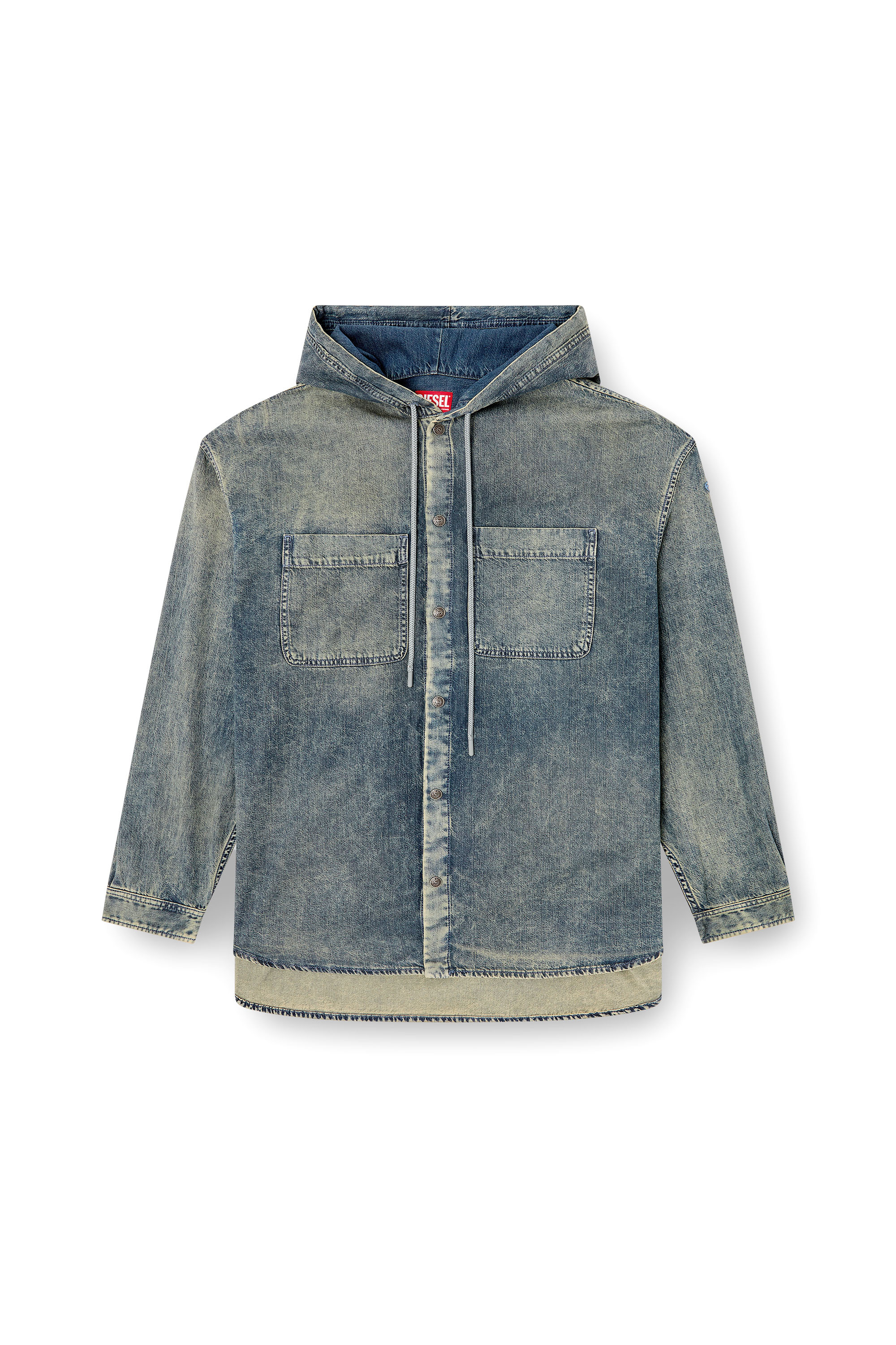 Diesel - D-DEWNY-HOOD-S2, Surchemise en denim marbré enduit Homme in Bleu - 3
