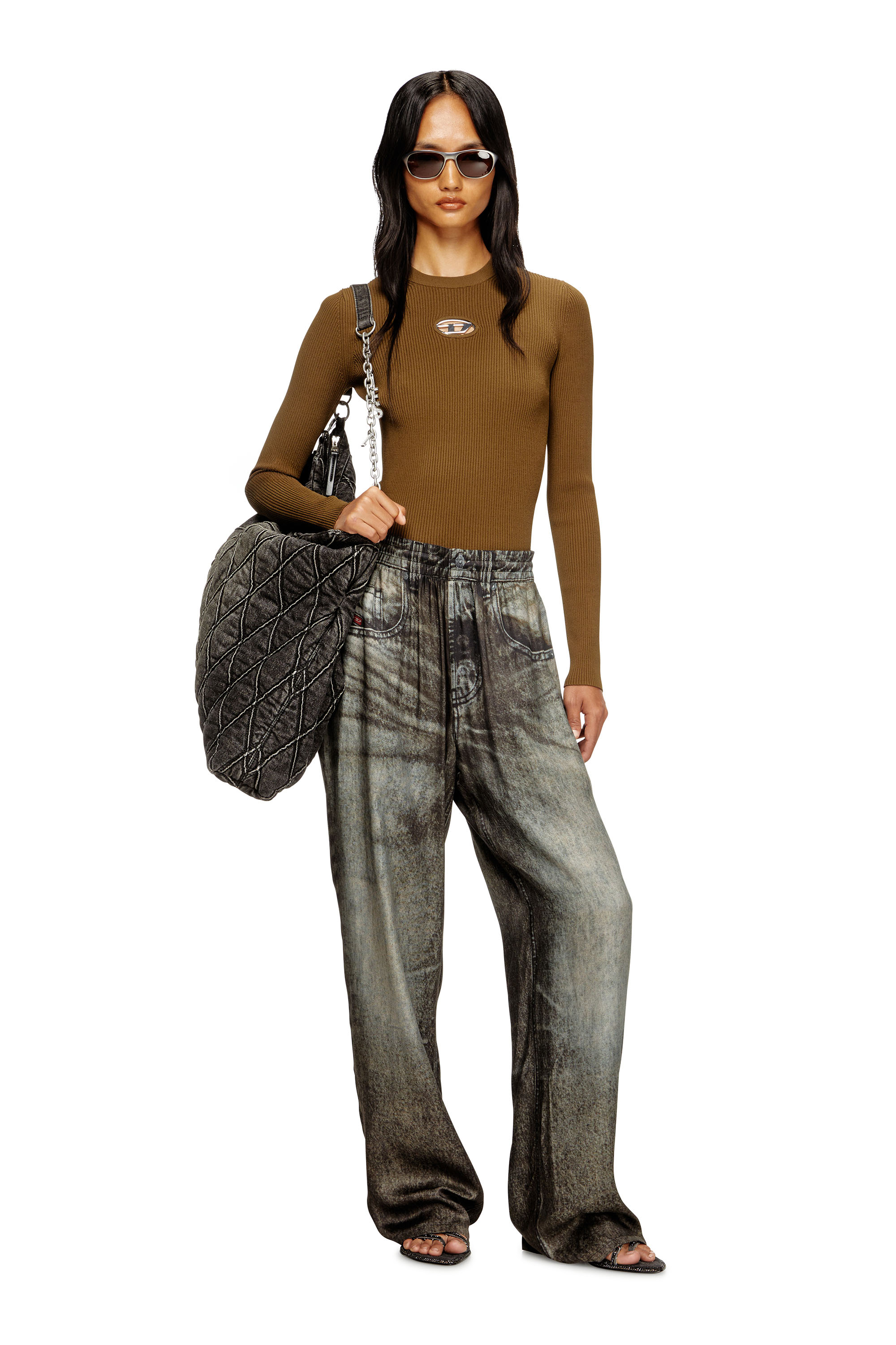 Diesel - M-VALARI, Top en viscose mélangée côtelée avec Oval D Femme in Vert - 2