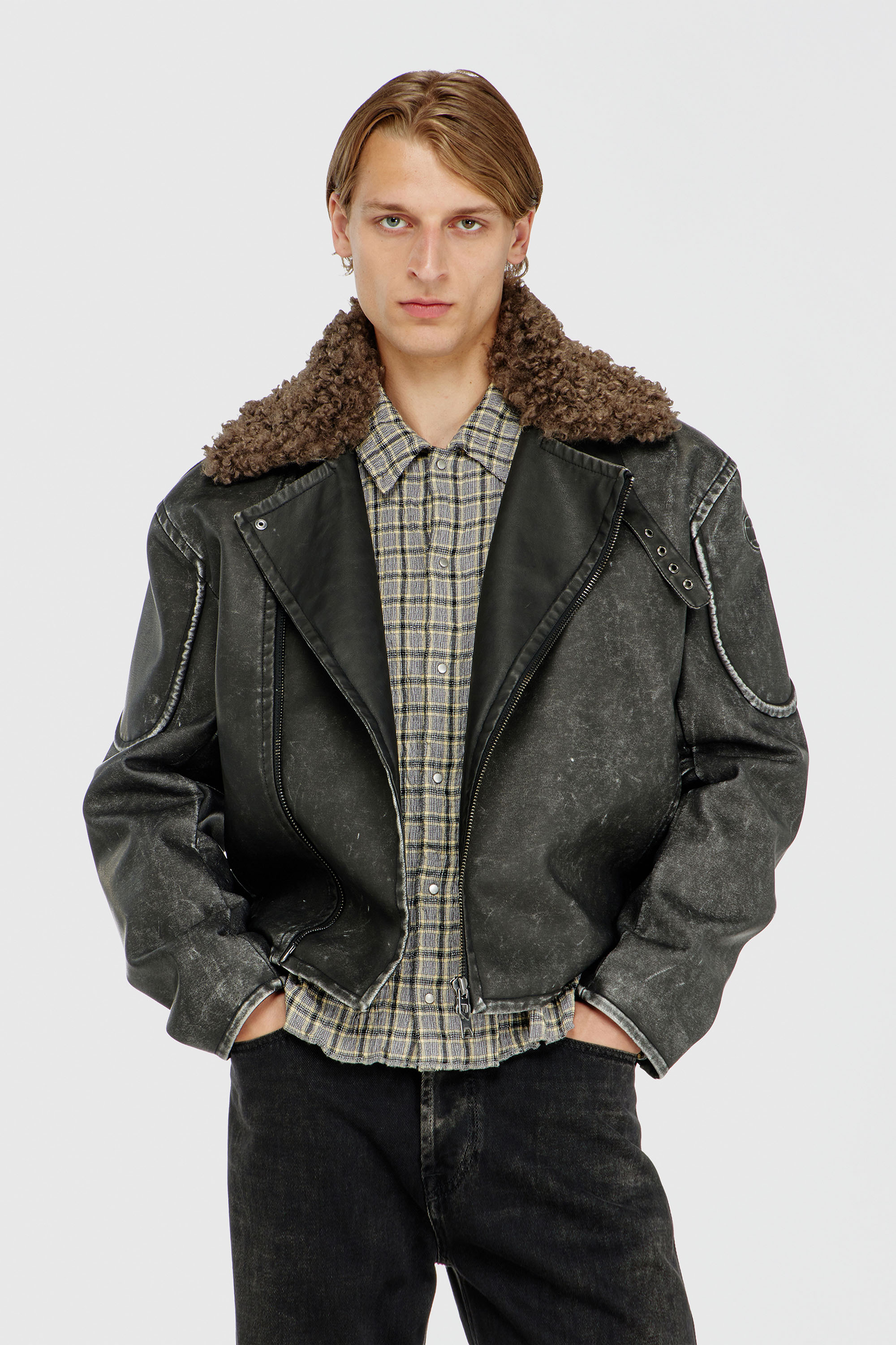 Diesel - W-ALEX, Veste biker avec col amovible Homme in Gris - 3