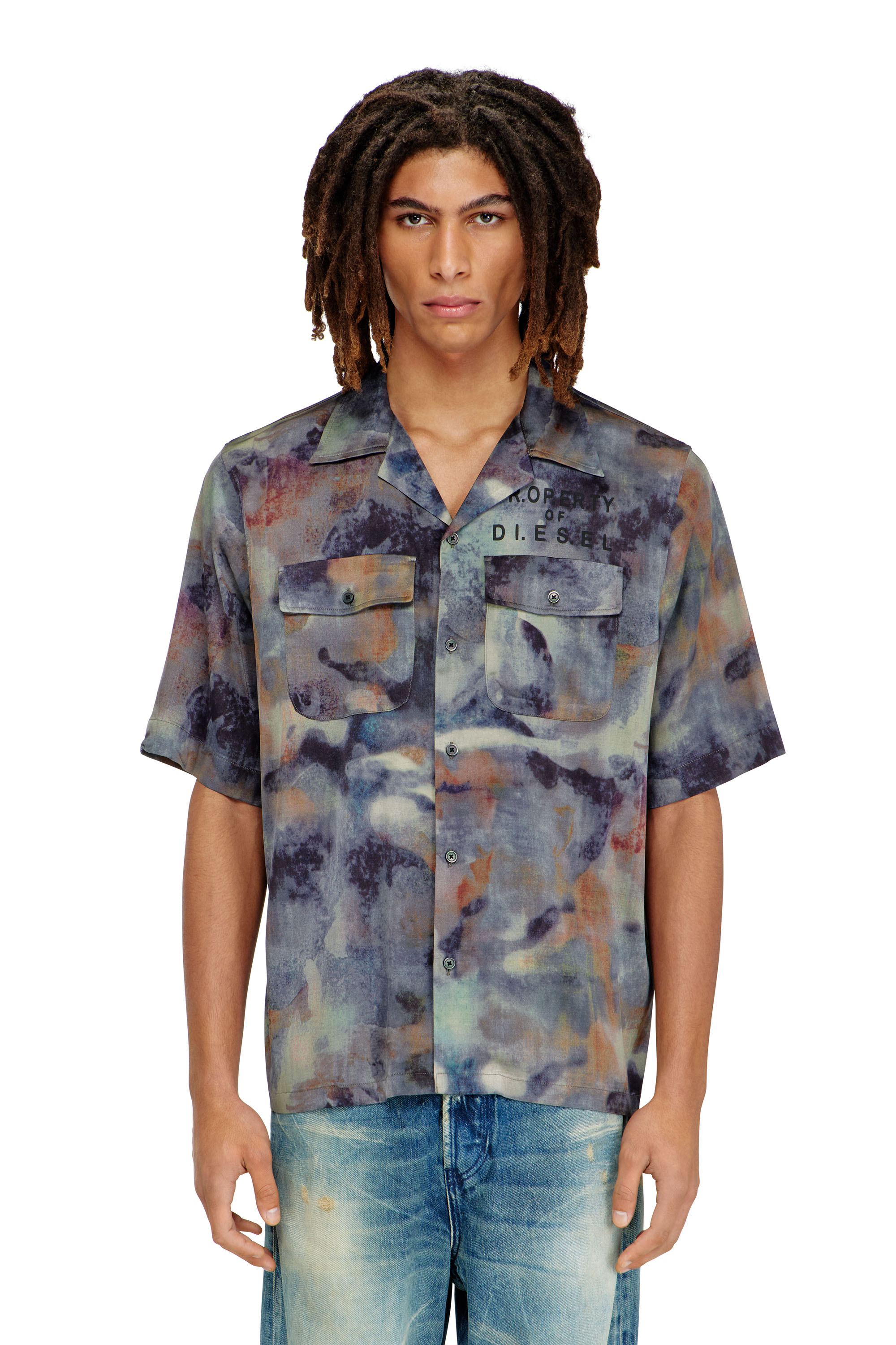 Diesel - S-BRACK-DMBN, Man's Satin shirt with all-over camo print in Blue/Brown - 1