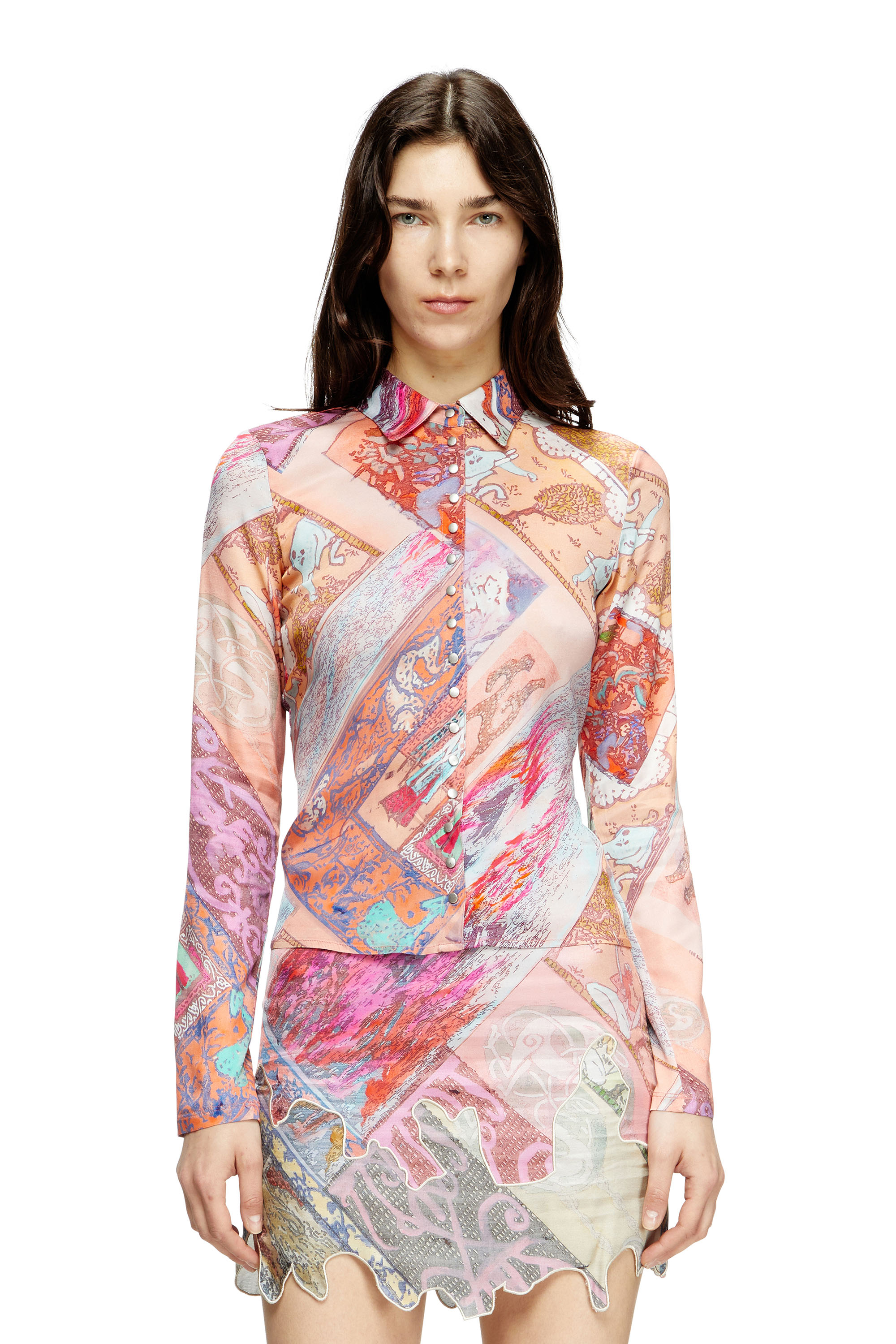 Diesel - C-AMELIA, Chemise en viscose stretch avec imprimé héraldique Femme in Rose - 1