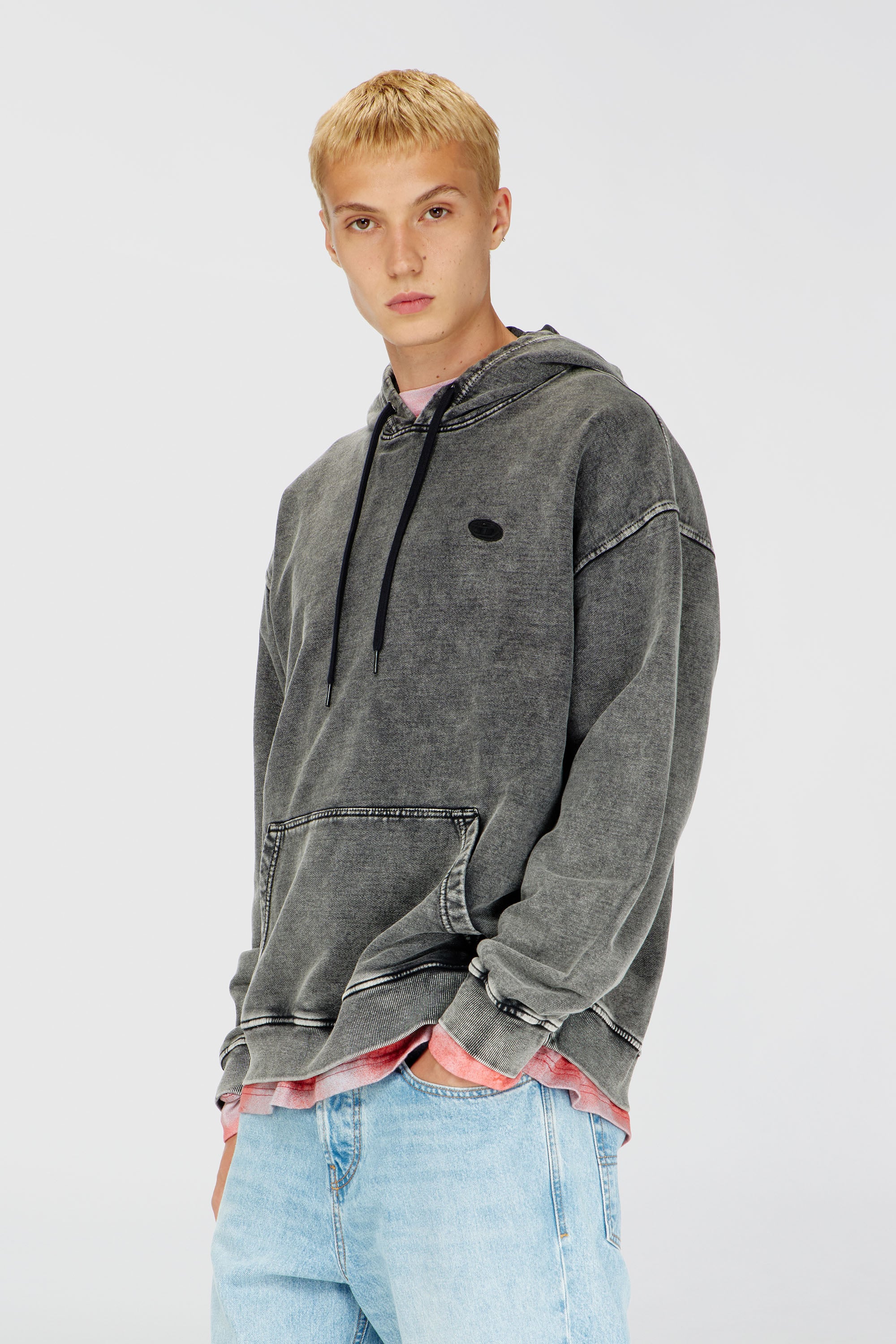 Diesel - S-BOXT-HOOD-DEN, Sweat &agrave; dos patchwork coup&eacute; brut Homme in Gris - 1
