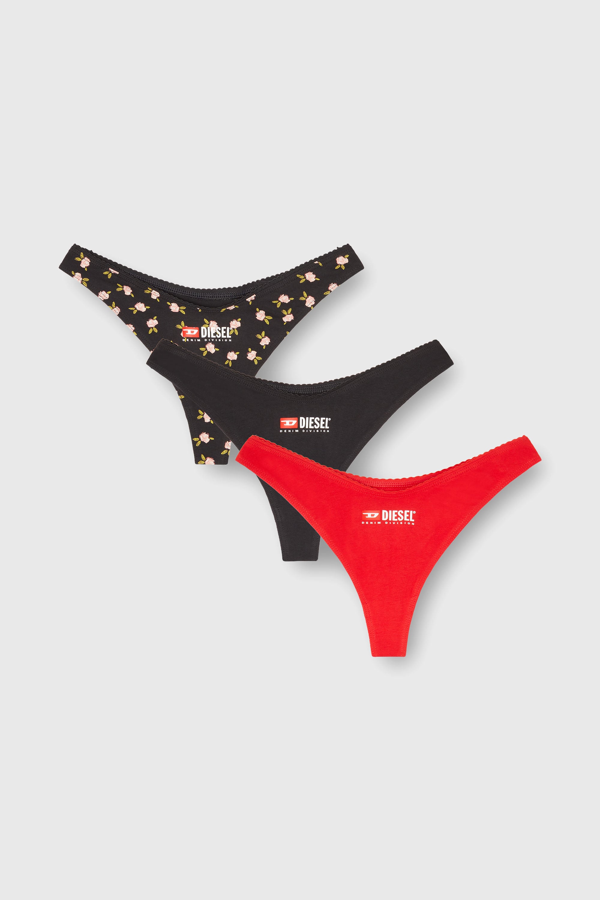 Diesel - PUNCHY-D-CORE-3PACK, Lot de 3 strings en coton stretch &agrave; motif fleuri Femme in Noir - 1