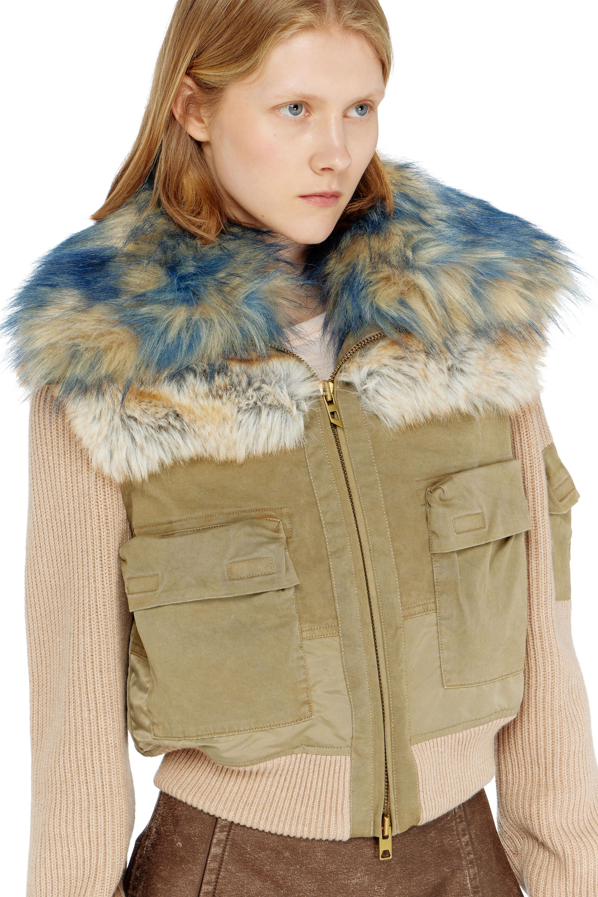 Diesel - G-USTAV, Blouson avec finitions en maille c&ocirc;tel&eacute;e et effet peluche Femme in Beige - 5