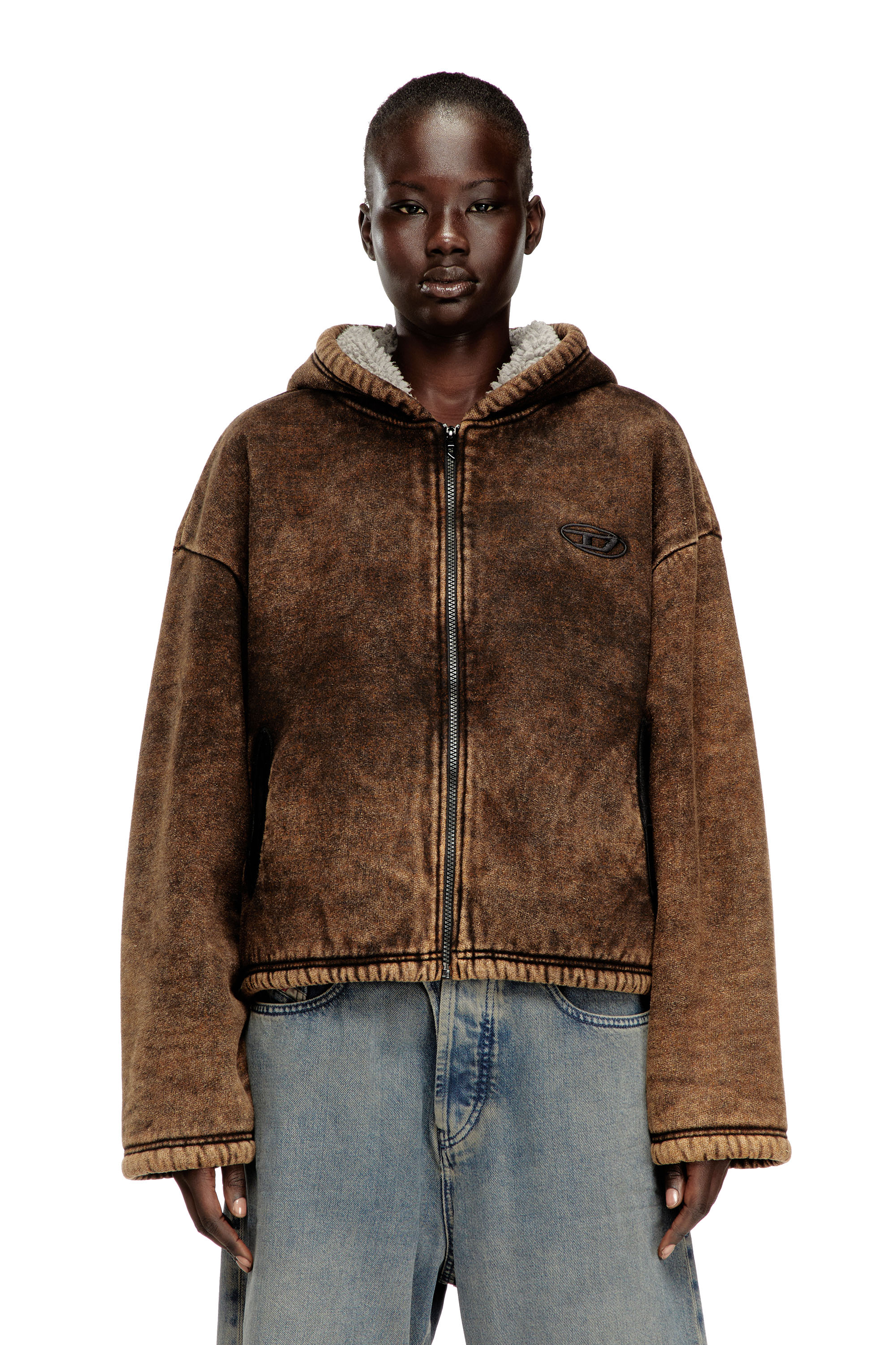Diesel - F-ELLA, Hoodie zippé délavé à l'acide avec doublure en peluche. Femme in ToBeDefined - 1