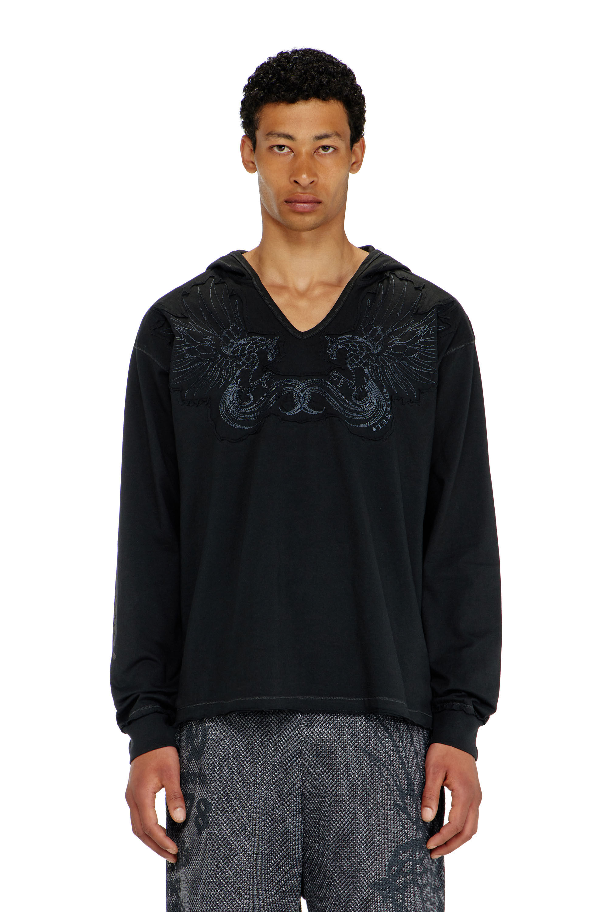 Diesel - T-PHEN-LS-HOOD-RIB, Sweat &agrave; capuche col V avec broderie sur le devant Homme in Noir - 1