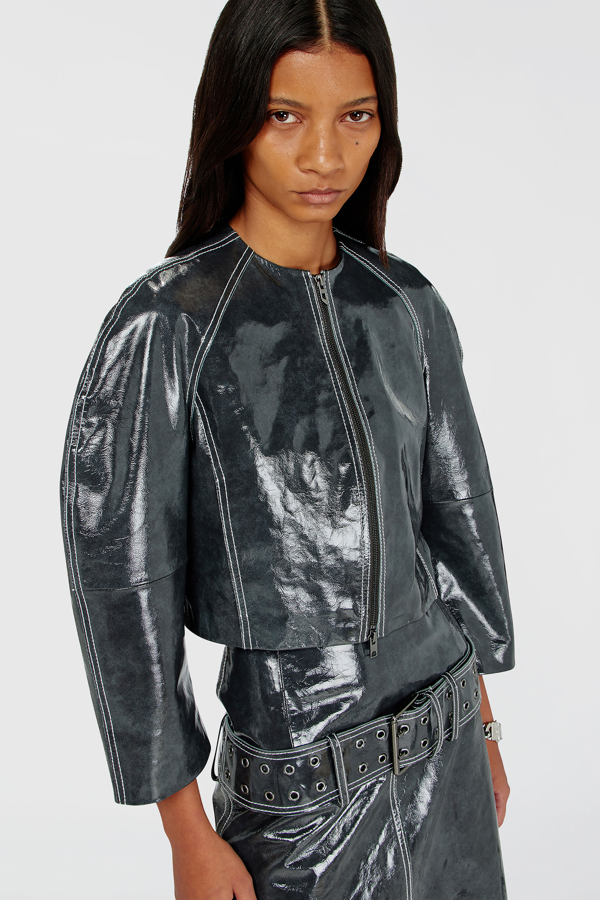 Diesel - L-ANDON, Veste en cuir verni &agrave; manches cocon Femme in Gris - 5