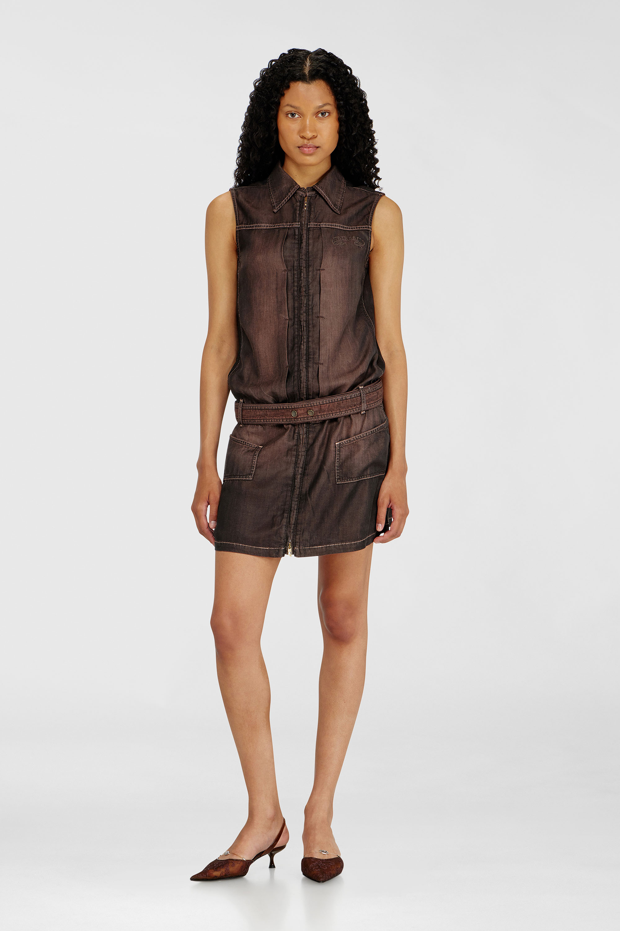 Diesel - DE-EDROS-S, Woman's Minidress in fluid coated denim in Brown - 1