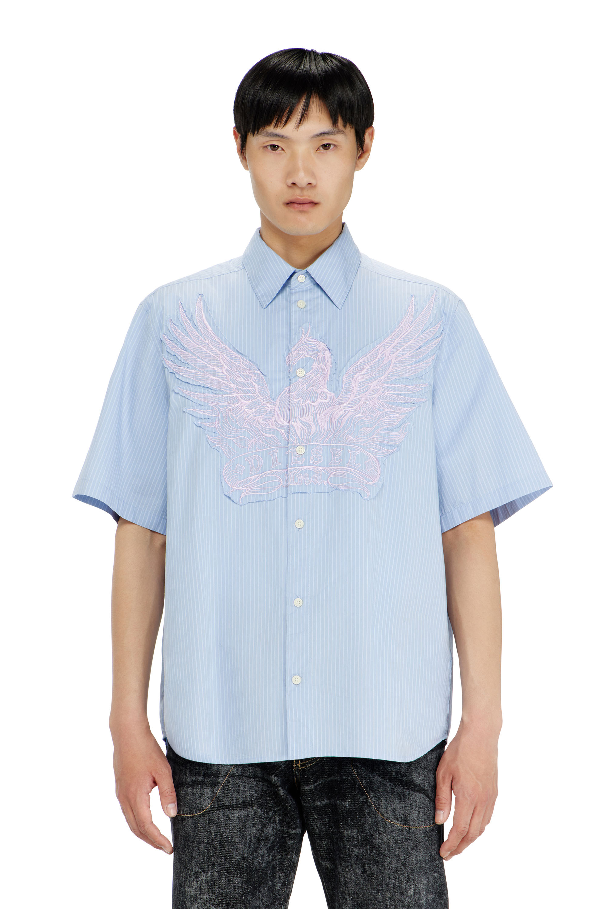 Diesel - S-SIMPLY-SS-AGCZ, Chemise en popeline ray&eacute;e avec patch brod&eacute; Homme in Bleu - 1
