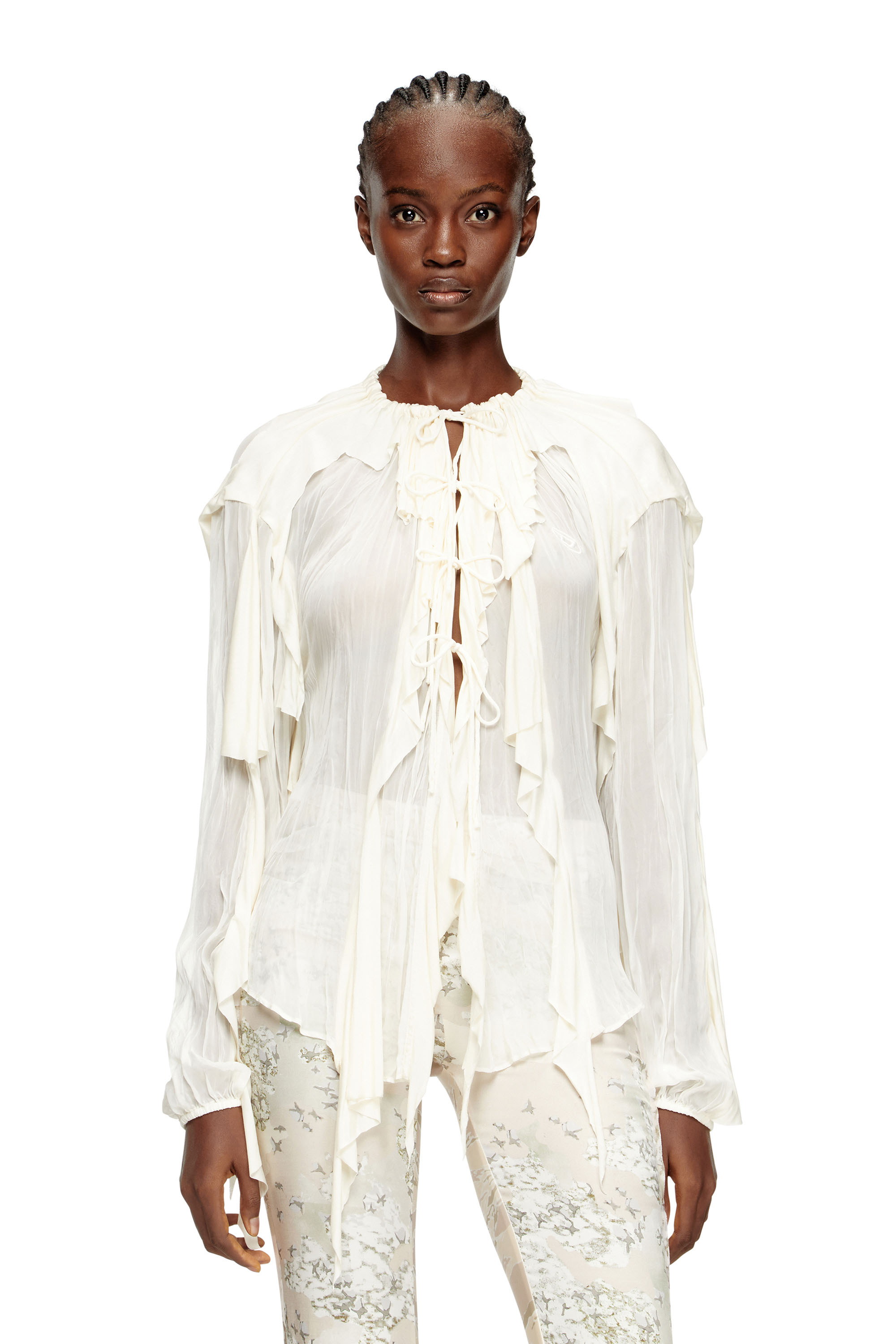 Diesel - C-LASSY, Chemisier à volants en mousseline froissée Femme in Blanc - 1