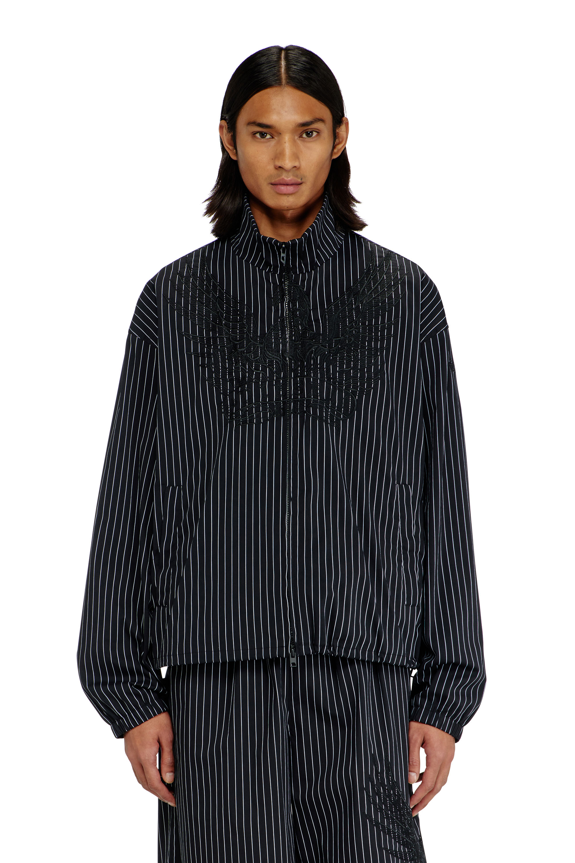 Diesel - J-CORSAR-NJCA, Veste en nylon &agrave; rayures avec broderie Phoenix Homme in Noir - 1