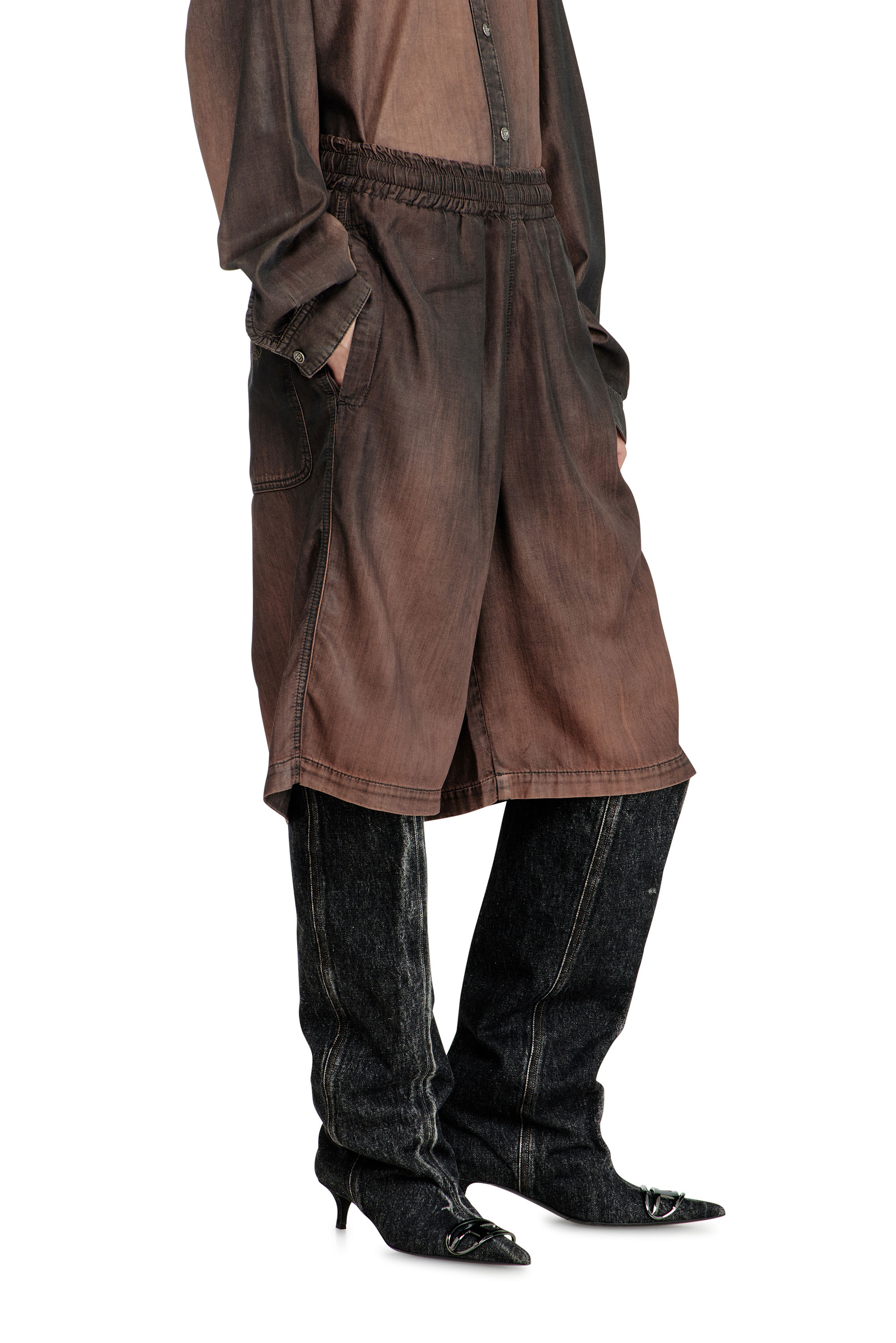 Diesel - D-RODER-SHORT-S, Unisex's Relaxed bermuda shorts in fluid coated denim in Brown - 1