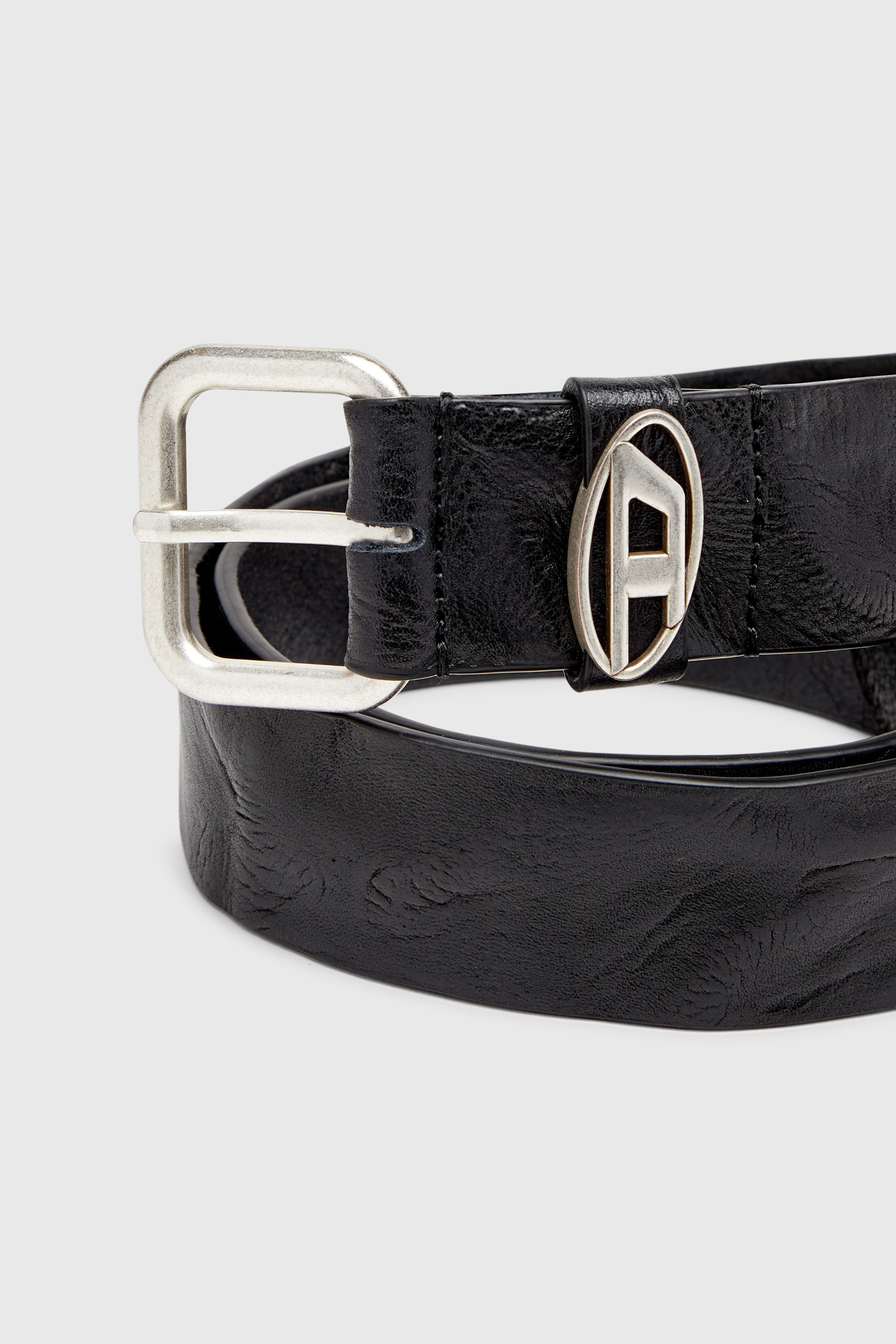 Diesel - B-1DR OVAL D LOOP, Ceinture 3.9 cm en cuir froiss&eacute; avec plaque &agrave; logo Mixte in Noir - 3
