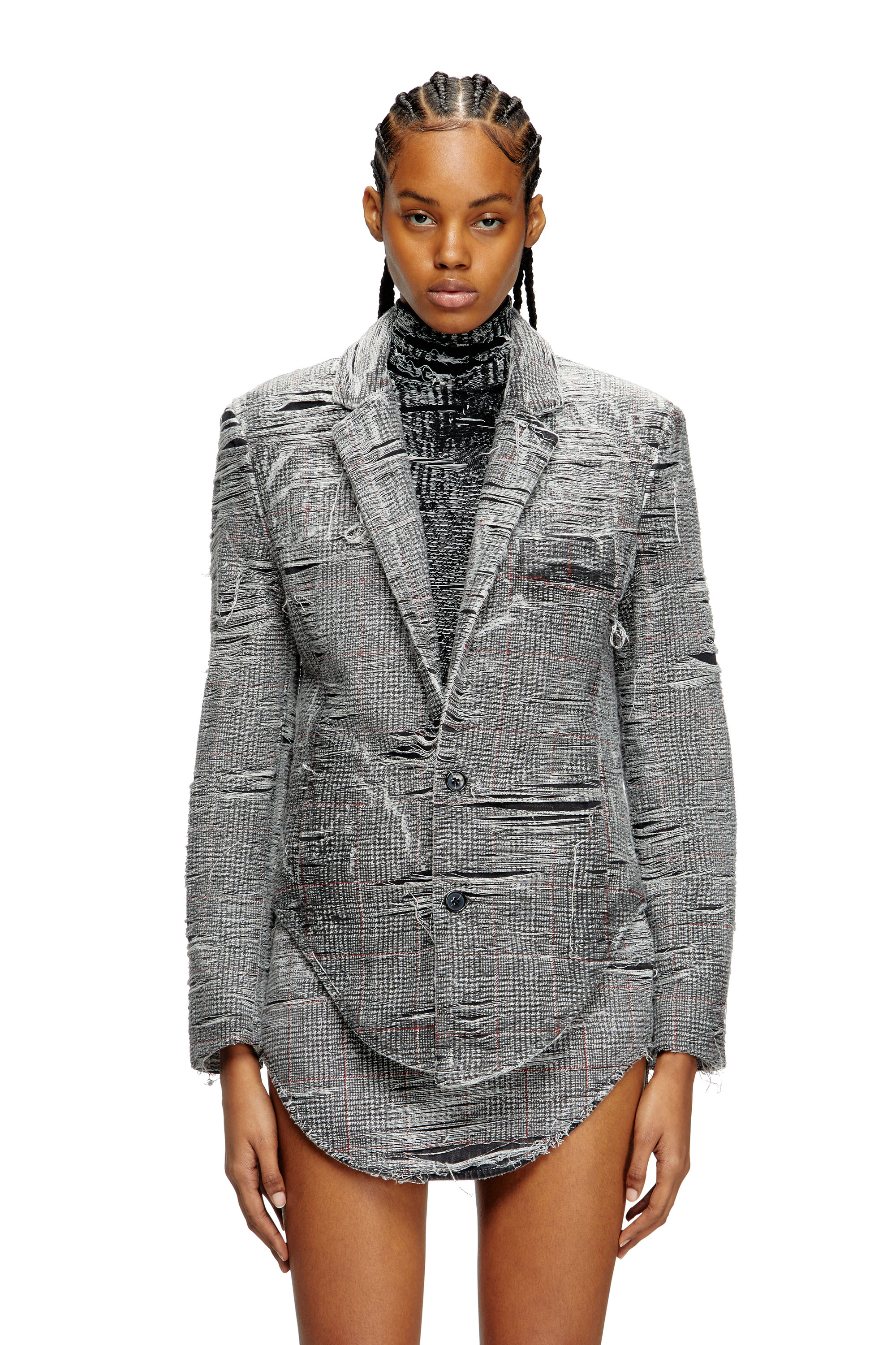 Diesel - DE-PHONIX-FSG, Blazer en denim Prince-de-Galles &agrave; effet vieilli Femme in Gris - 3