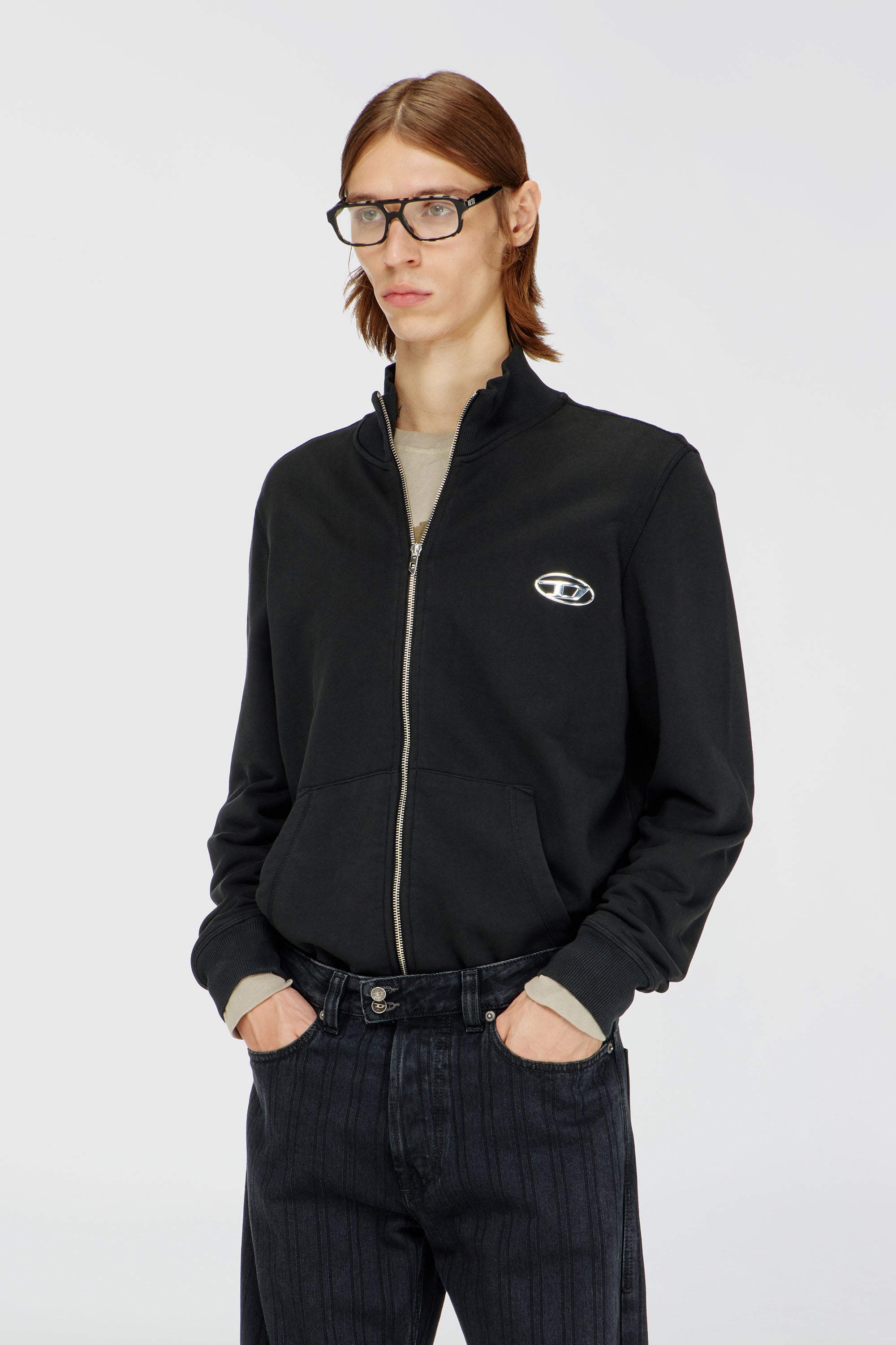 Diesel - S-GINN-ZIP-IOD, Sweatshirt avec col montant et Oval D m&eacute;tallique Homme in Noir - 1