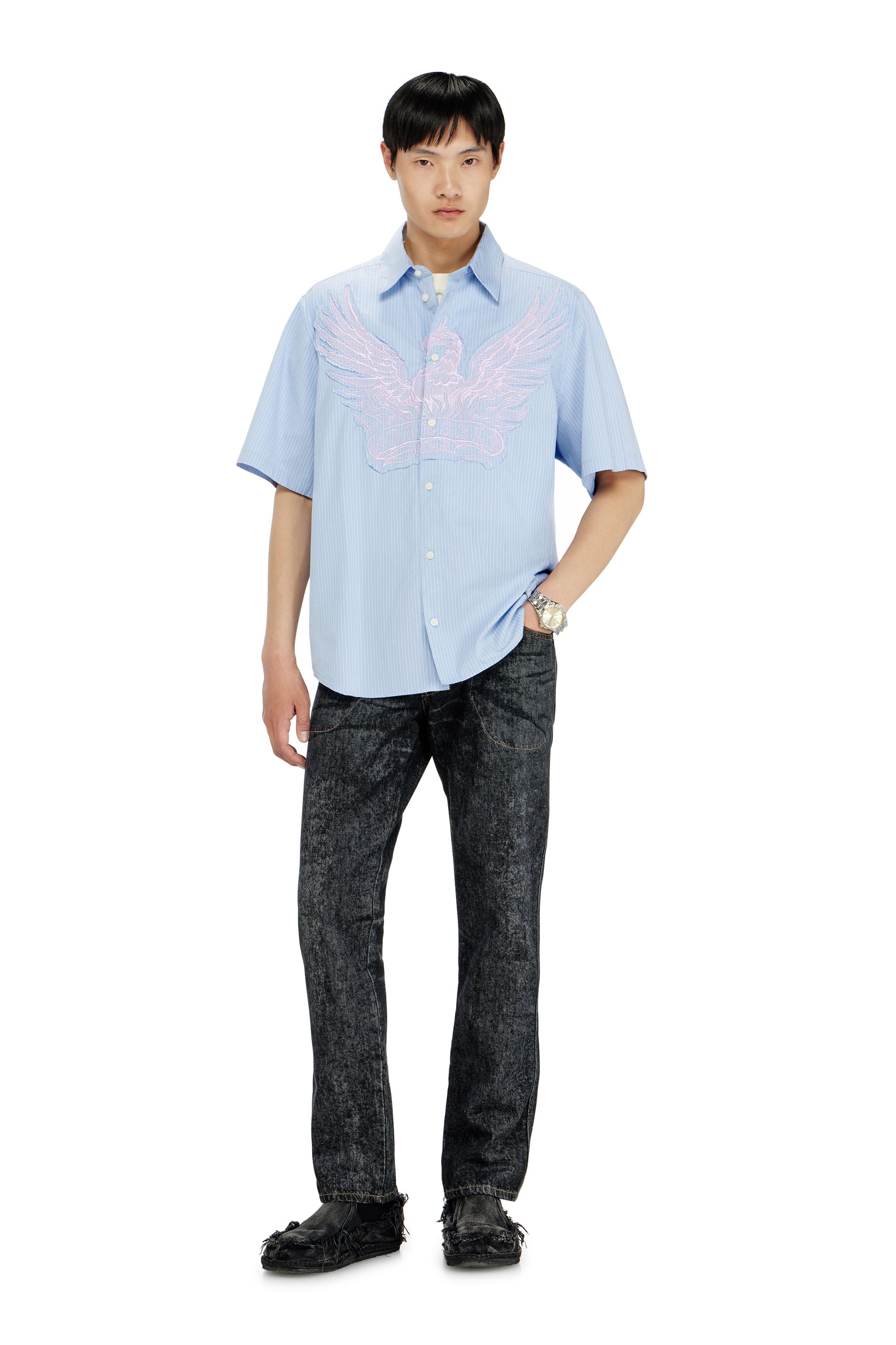 Diesel - S-SIMPLY-SS-AGCZ, Chemise en popeline ray&eacute;e avec patch brod&eacute; Homme in Bleu - 2