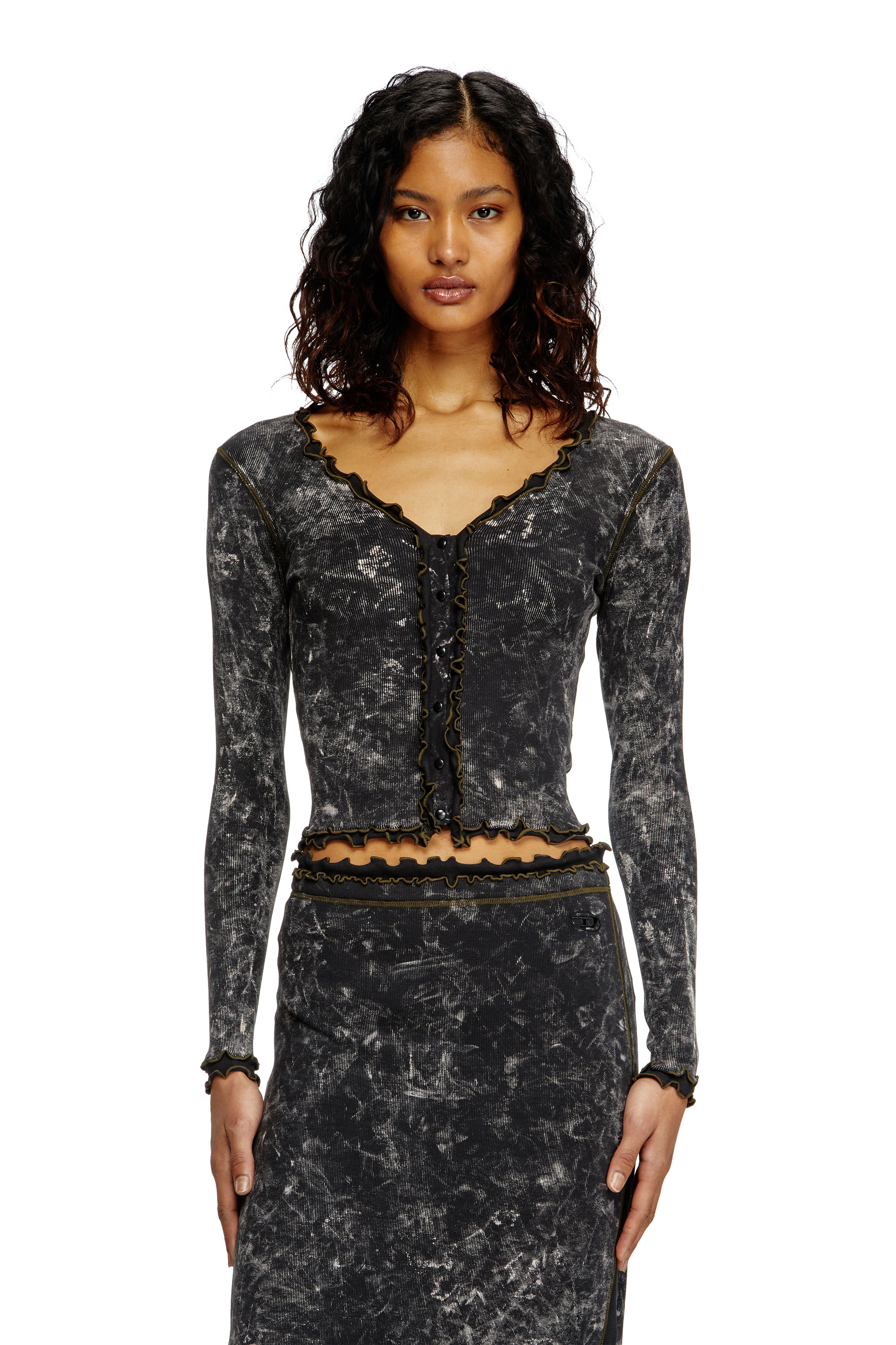 Diesel - T-FLUX, Top boutonné marbré avec volants Femme in Noir - 3
