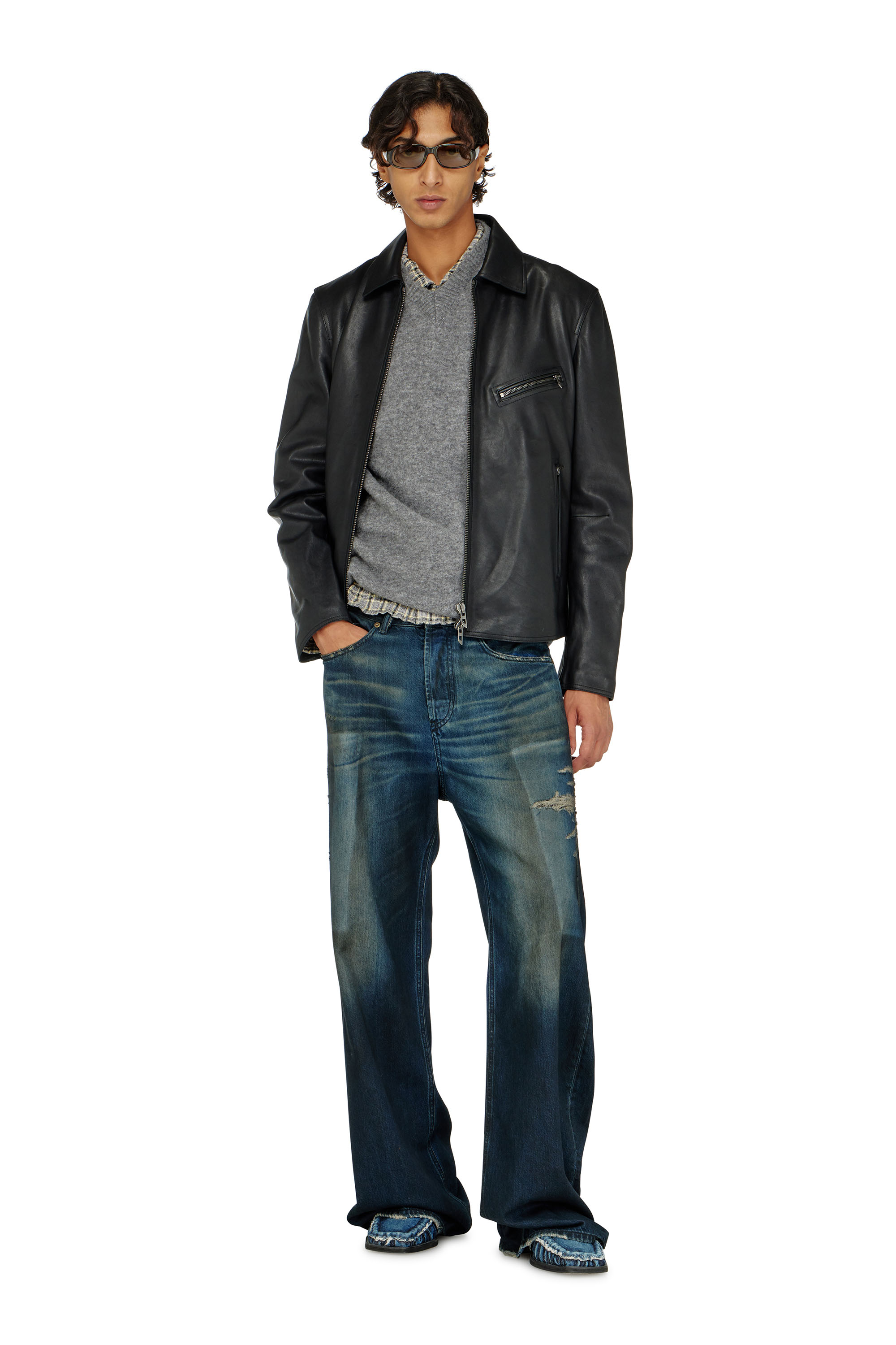 Diesel - L-KORN-A, Man's Leather jacket with embossed Oval D in Black - 2