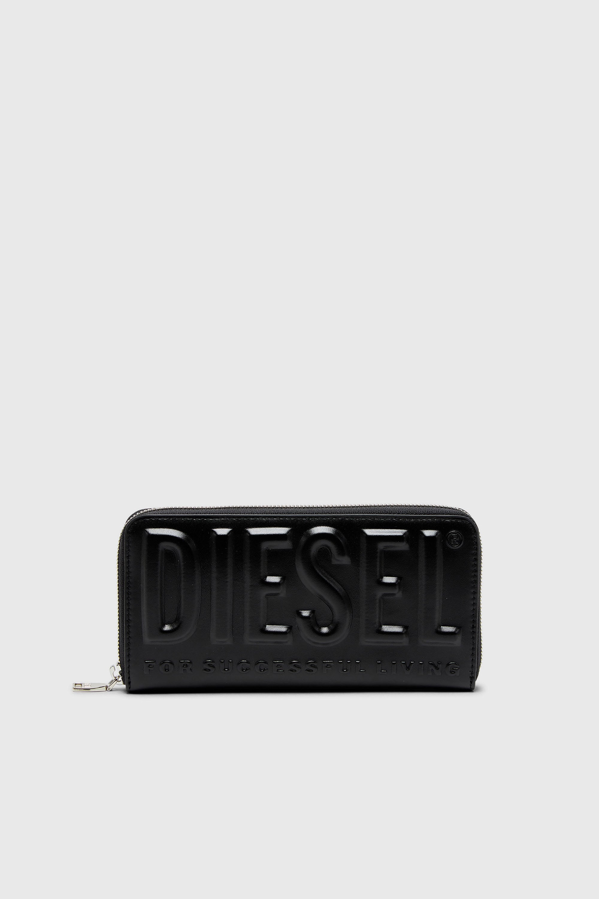 Diesel - DSL 3D -CONTINENTAL ZIP L, Long portefeuille zipp&eacute; en cuir avec logo emboss&eacute; Homme in Noir - 1