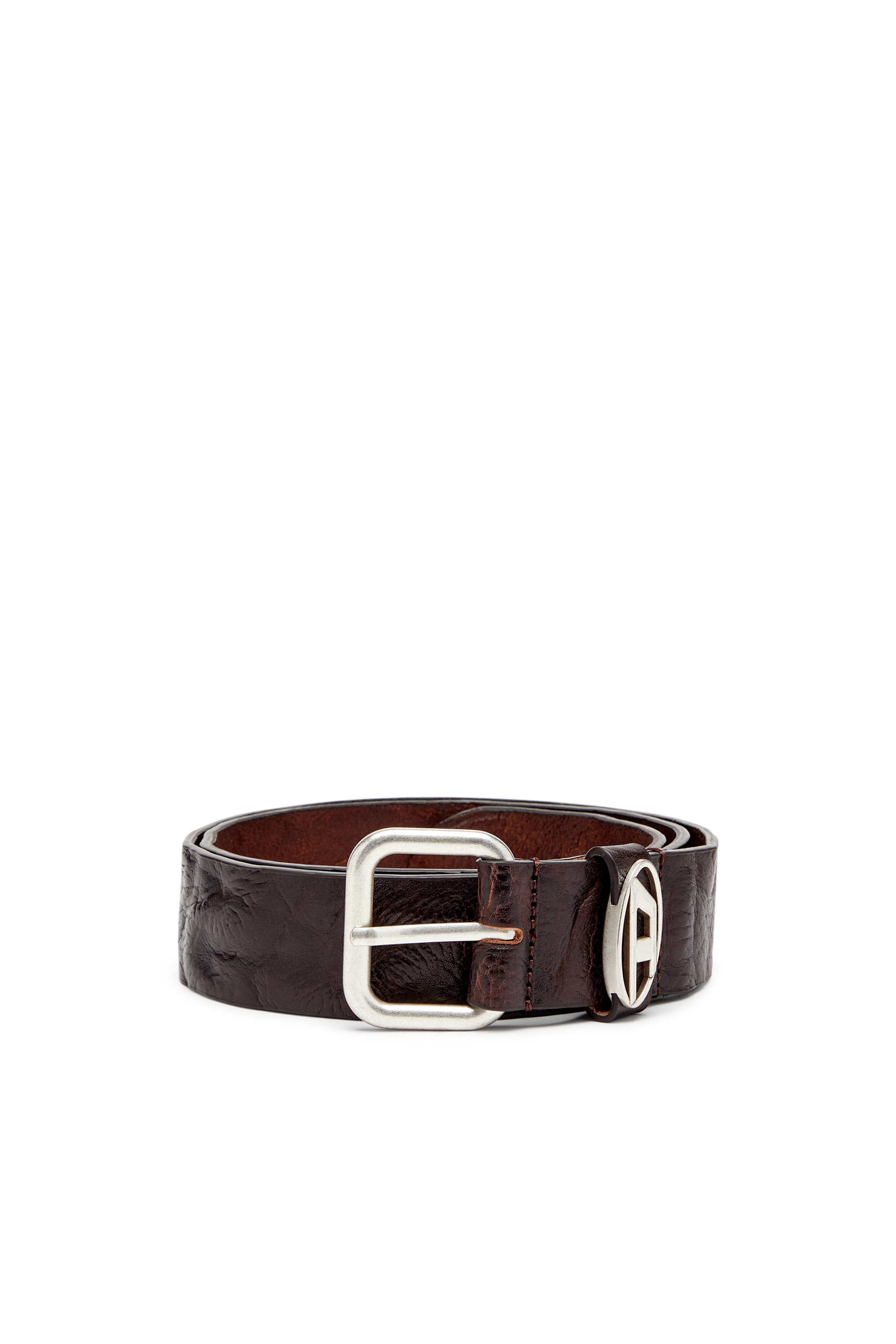 Diesel - B-1DR OVAL D LOOP, Logo-plaque wrinkled leather belt Mixte in Marron - 1