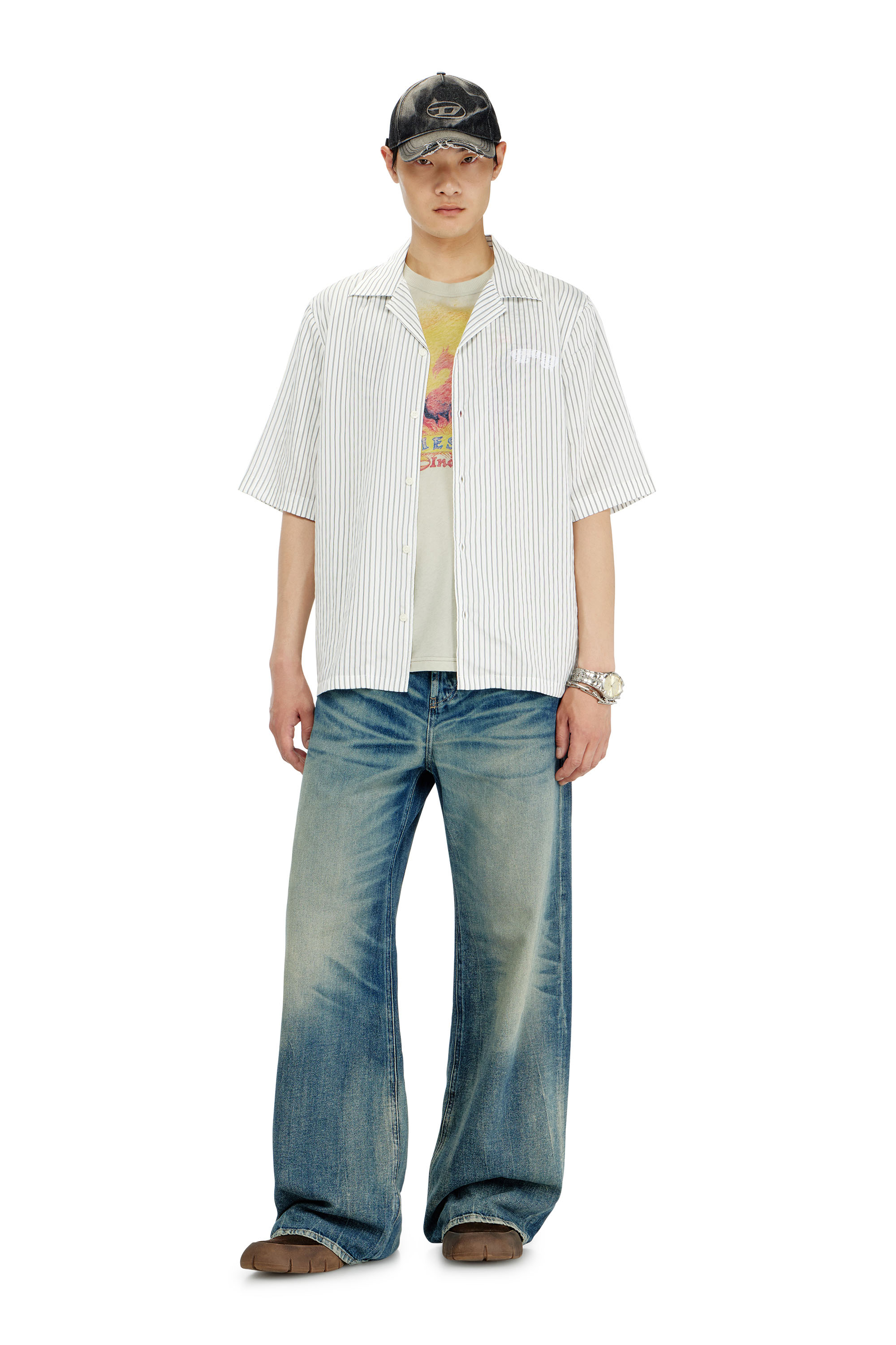 Diesel - S-MAC-EFBV, Chemise &agrave; manches courtes en modal &agrave; rayures fines Homme in Polychrome - 1