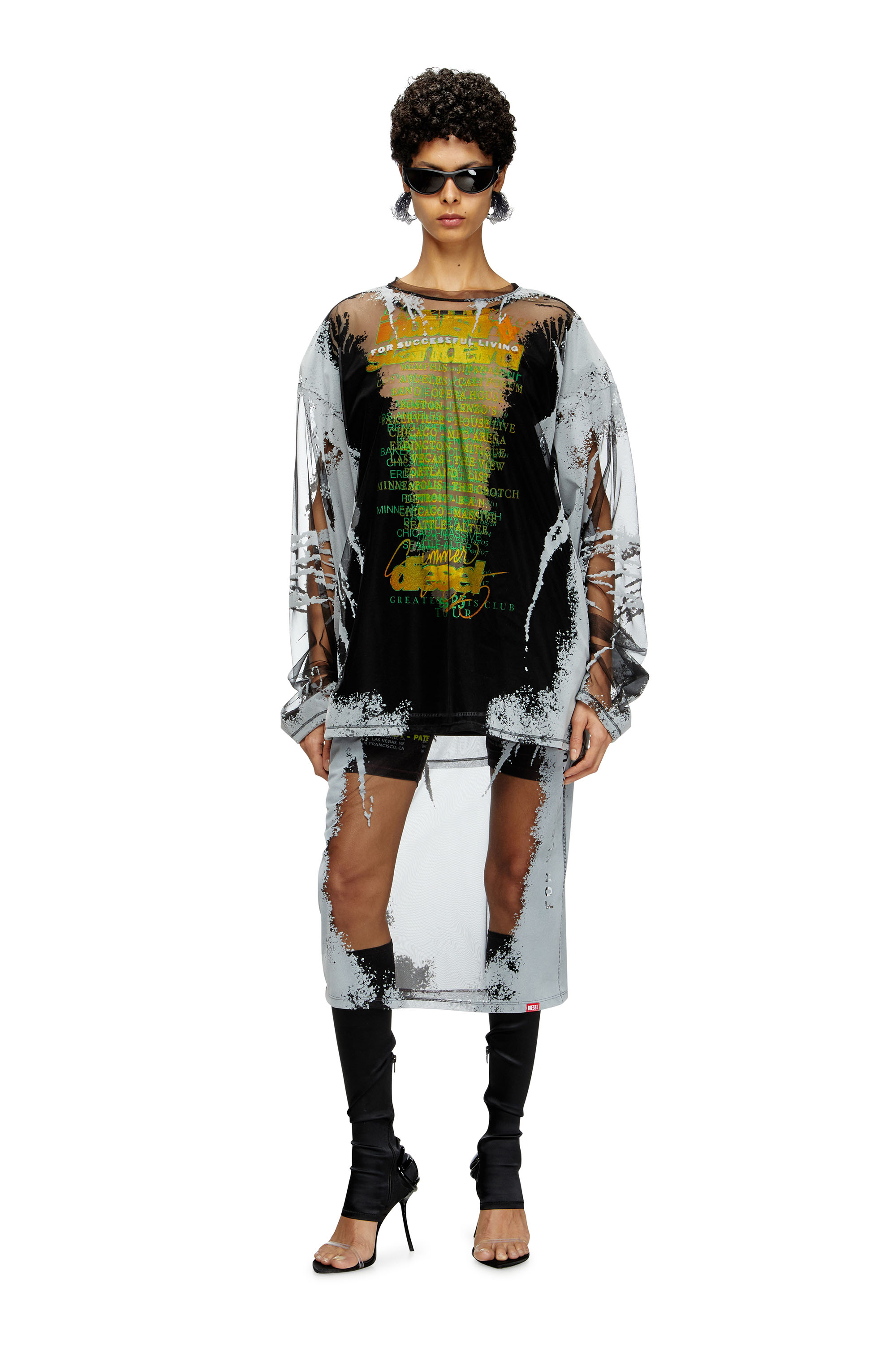 Diesel - T-HASSAN-LS-A, T-shirt en nylon à manches longues avec imprimé paroles Mixte in Noir - 7