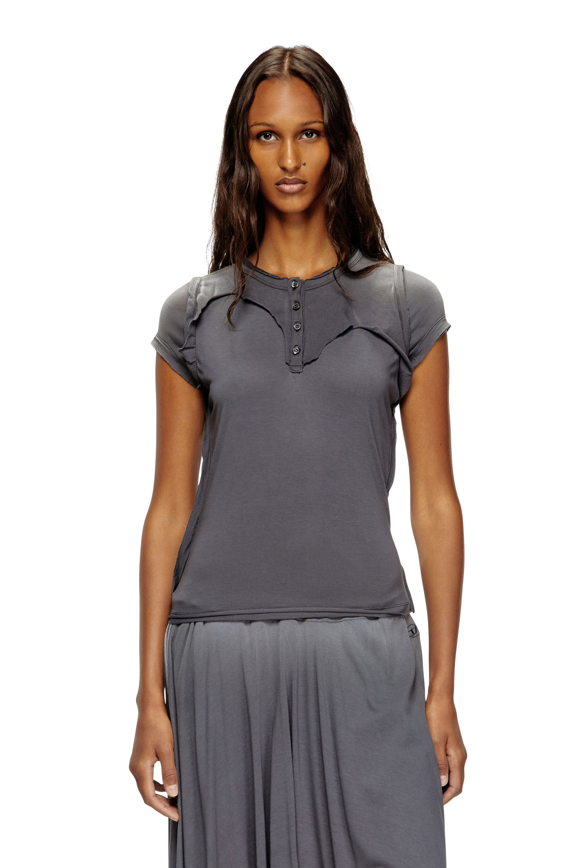 Diesel - T-UNRAWY, T-shirt Henley avec effet peel-off Femme in Gris - 1
