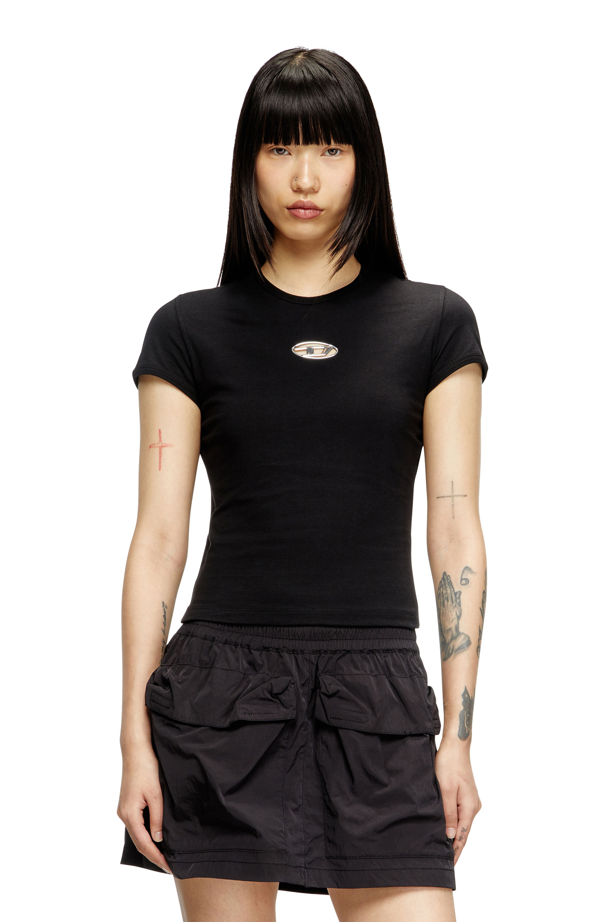 Diesel - T-UNCUTIE-LONG-OD-Q1, T-shirt slim fit avec cut-out Oval D Femme in Noir - 1